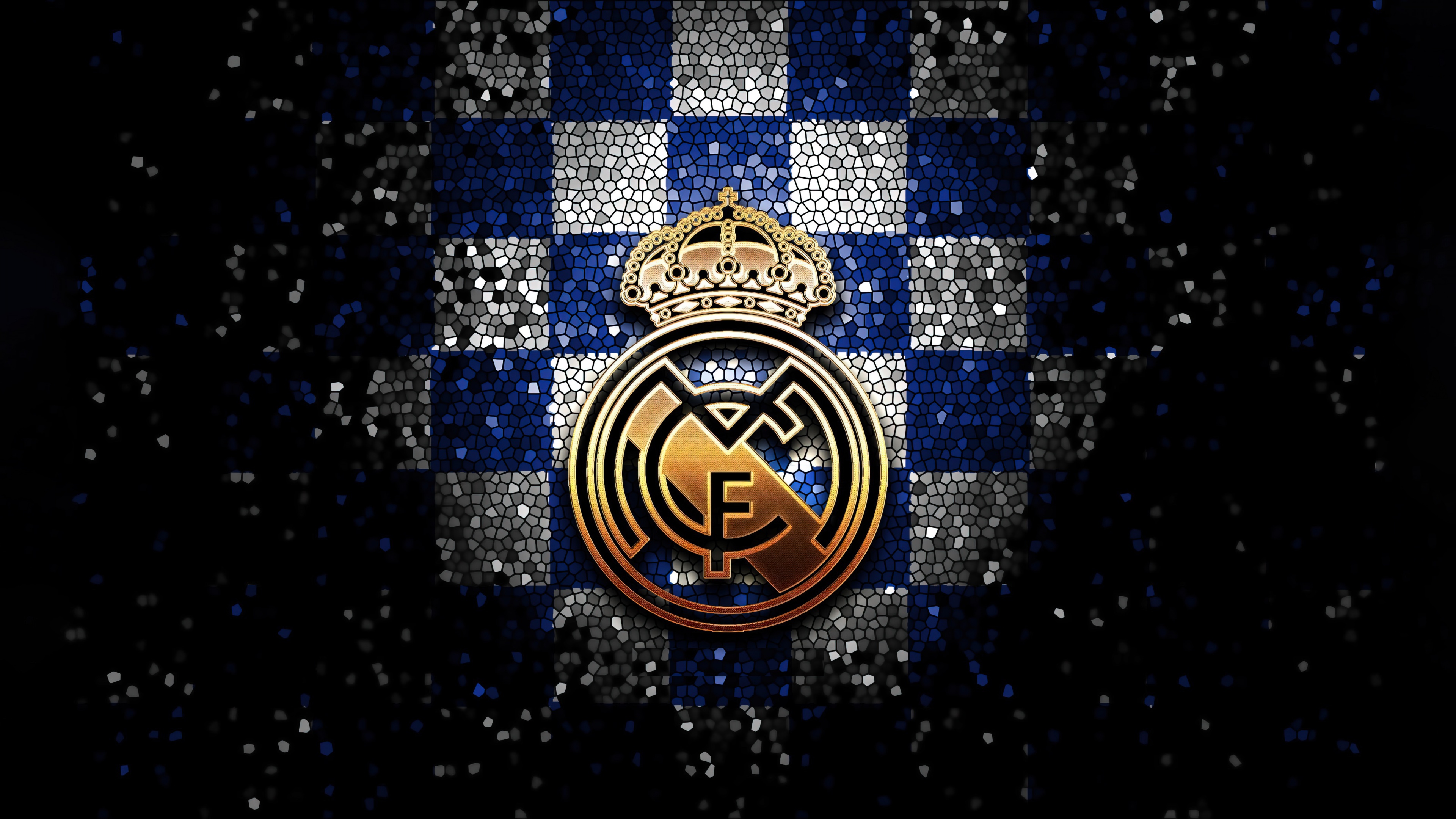 A high-resolution 5K mosaic representation of the Real Madrid CF football club crest.