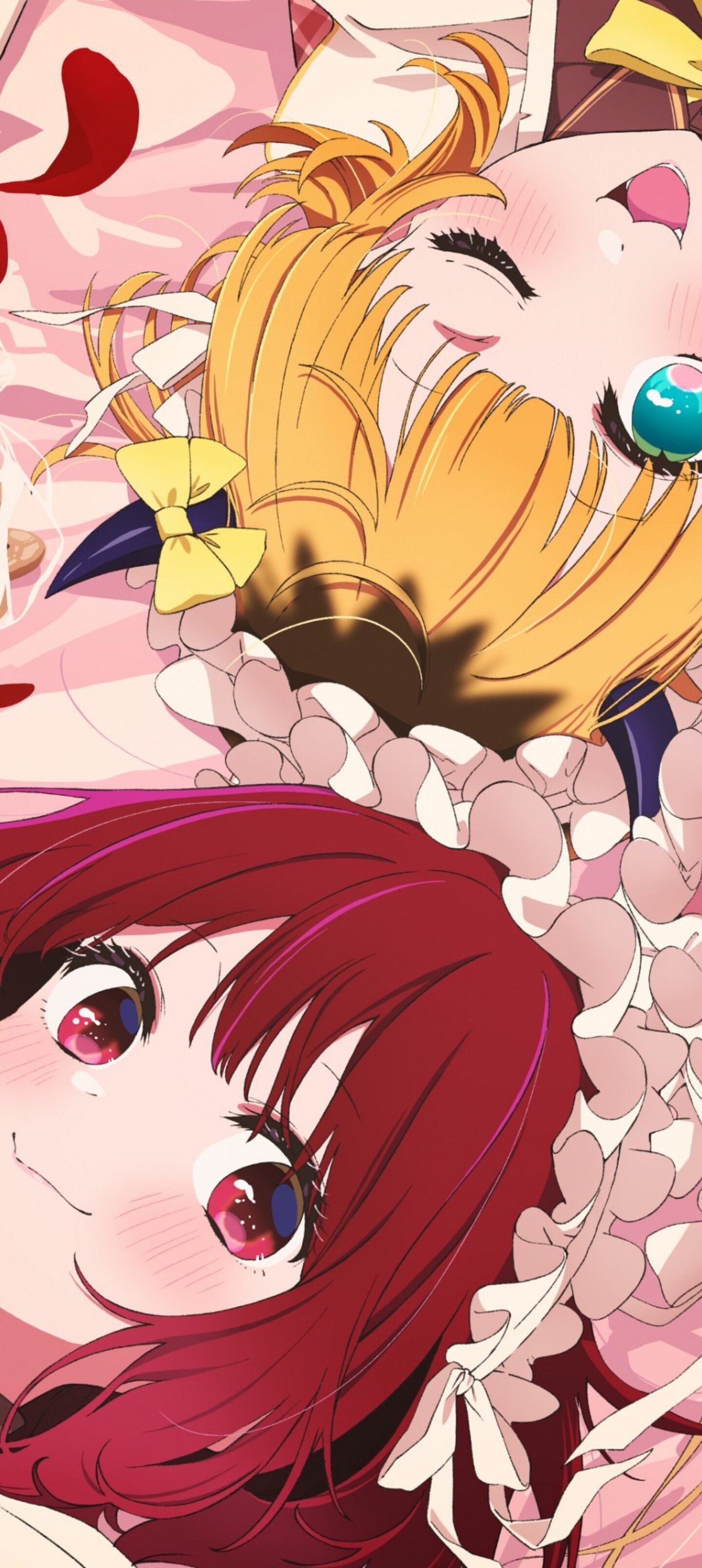 Ruby Hoshino, Mem-Cho, and Kana Arima from Oshi no Ko posing as idols.