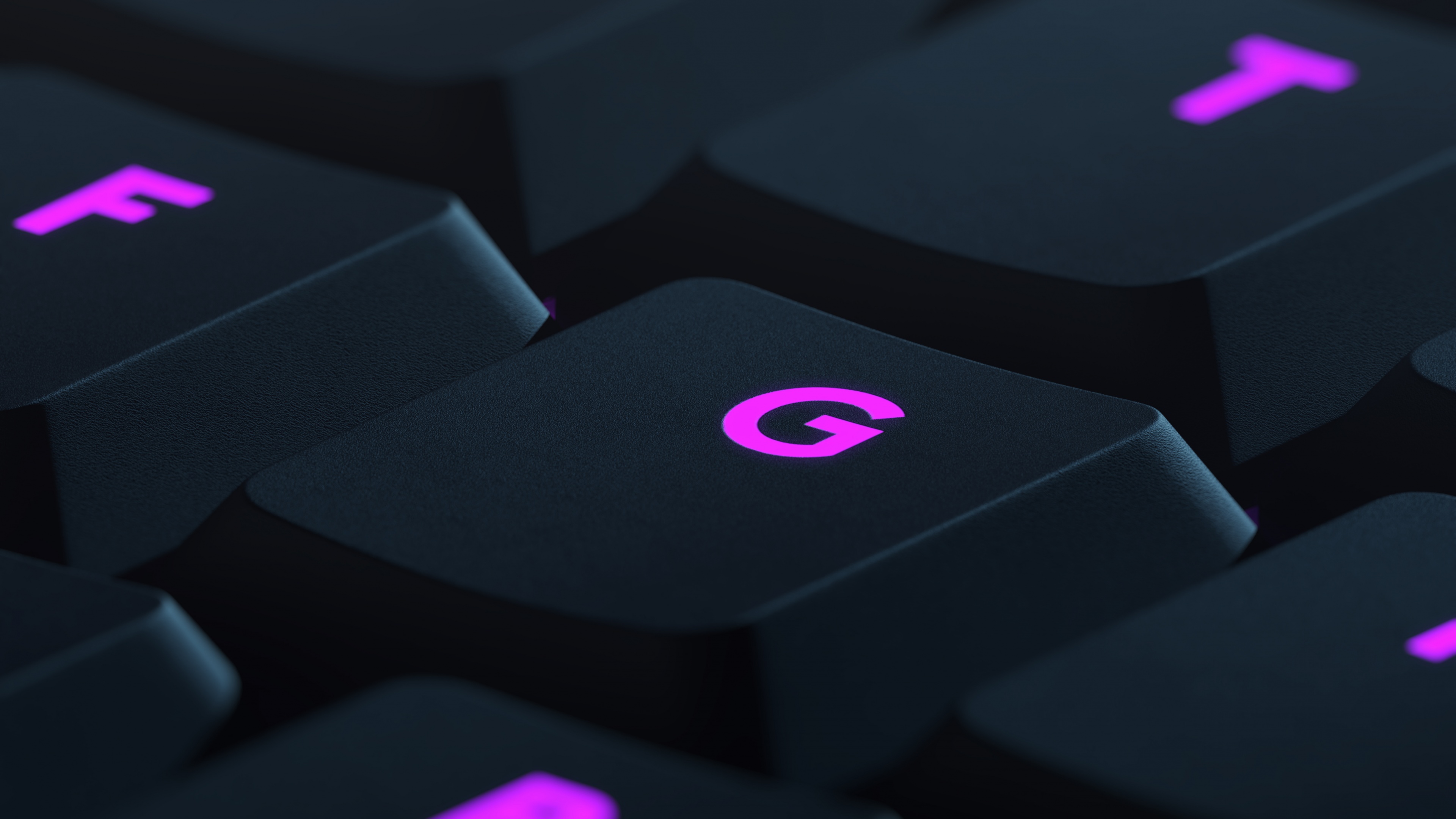 A close-up shot of a Logitech keyboard glowing with purple RGB lighting in a dark, atmospheric setting.