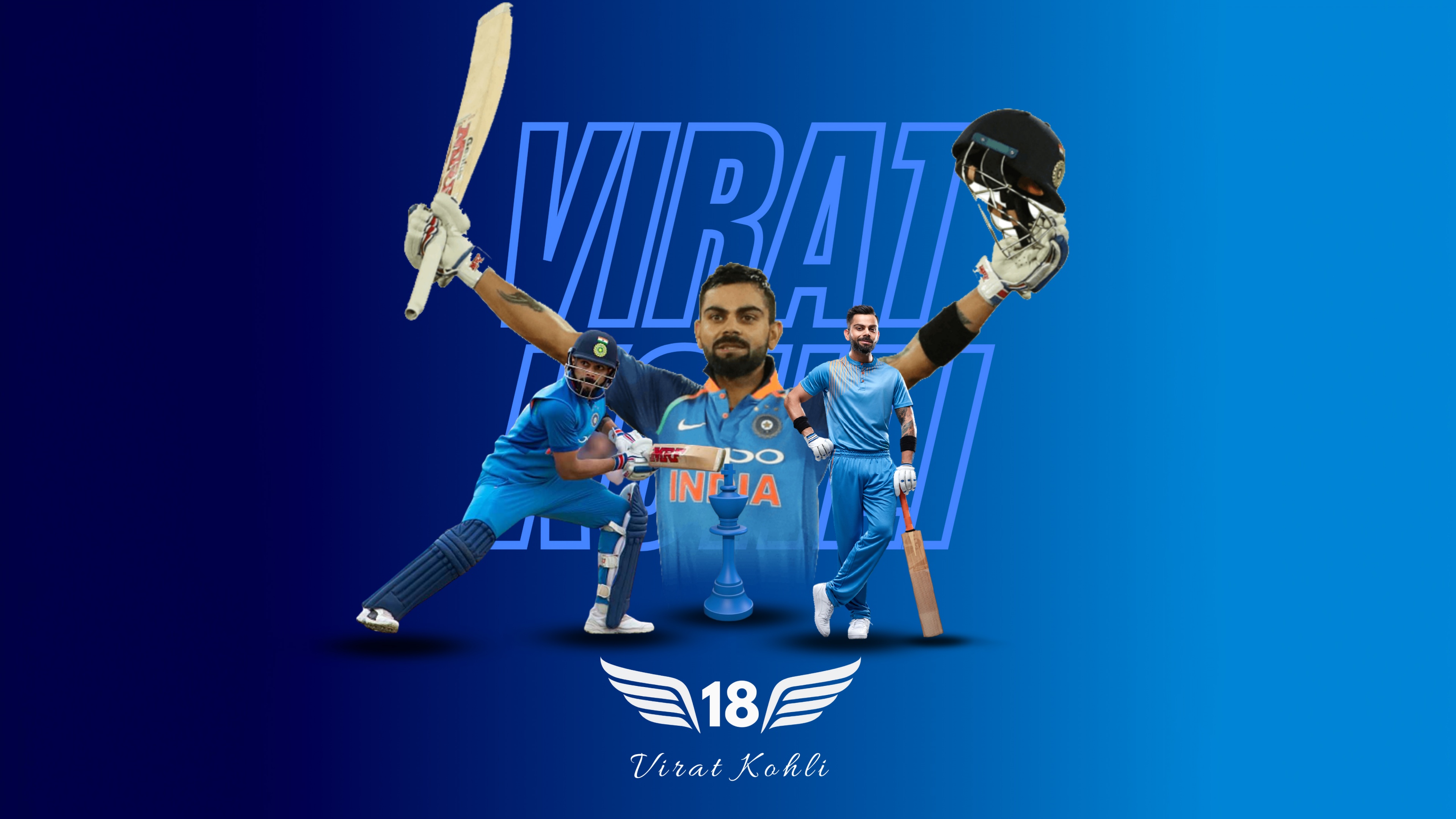 A high-resolution 5K portrait of Indian cricketer Virat Kohli featuring a deep blue aesthetic and cinematic lighting.