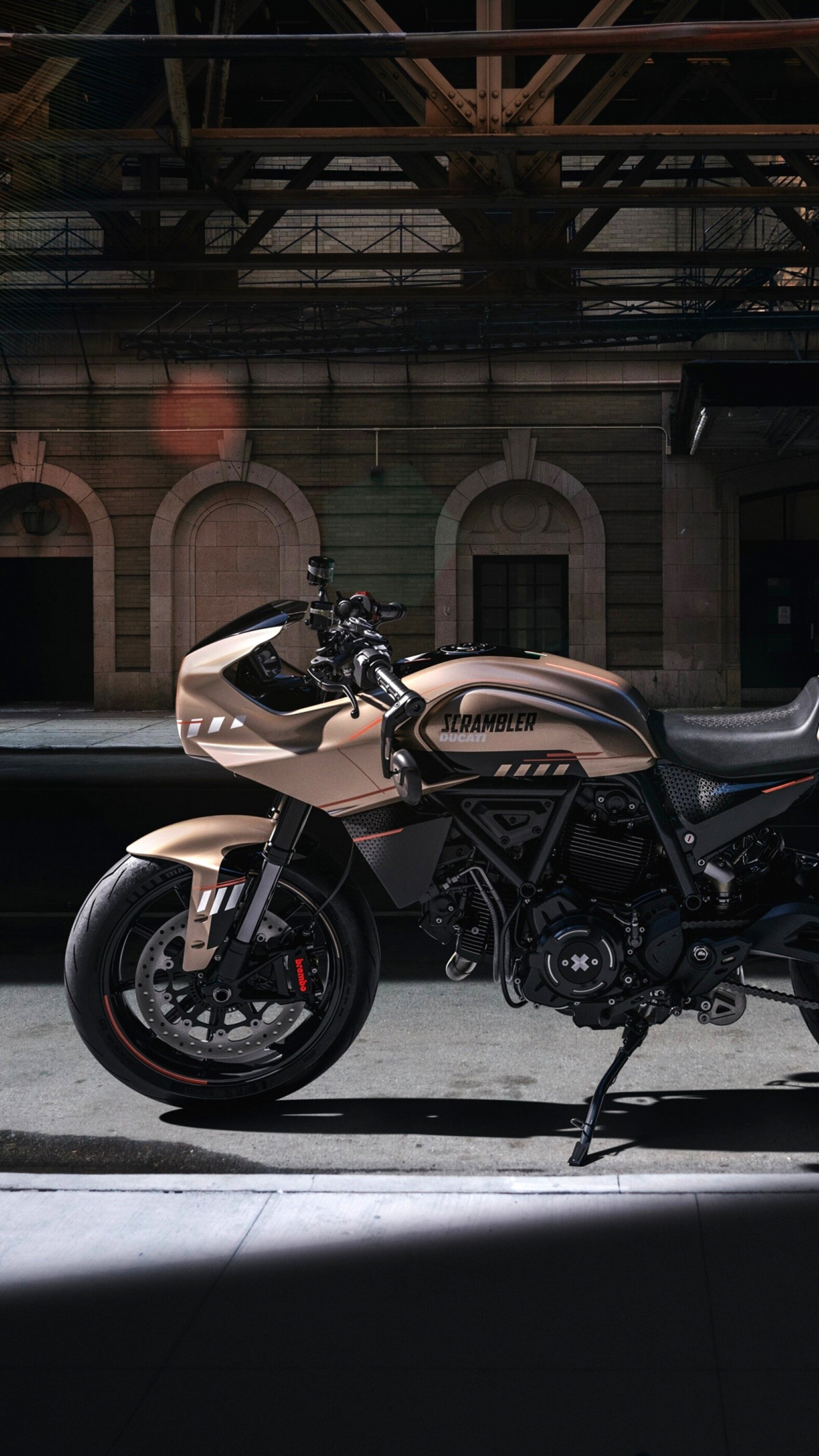 Detailed concept art of a customized Ducati Scrambler motorcycle in a cafe racer style with high-resolution finishes.