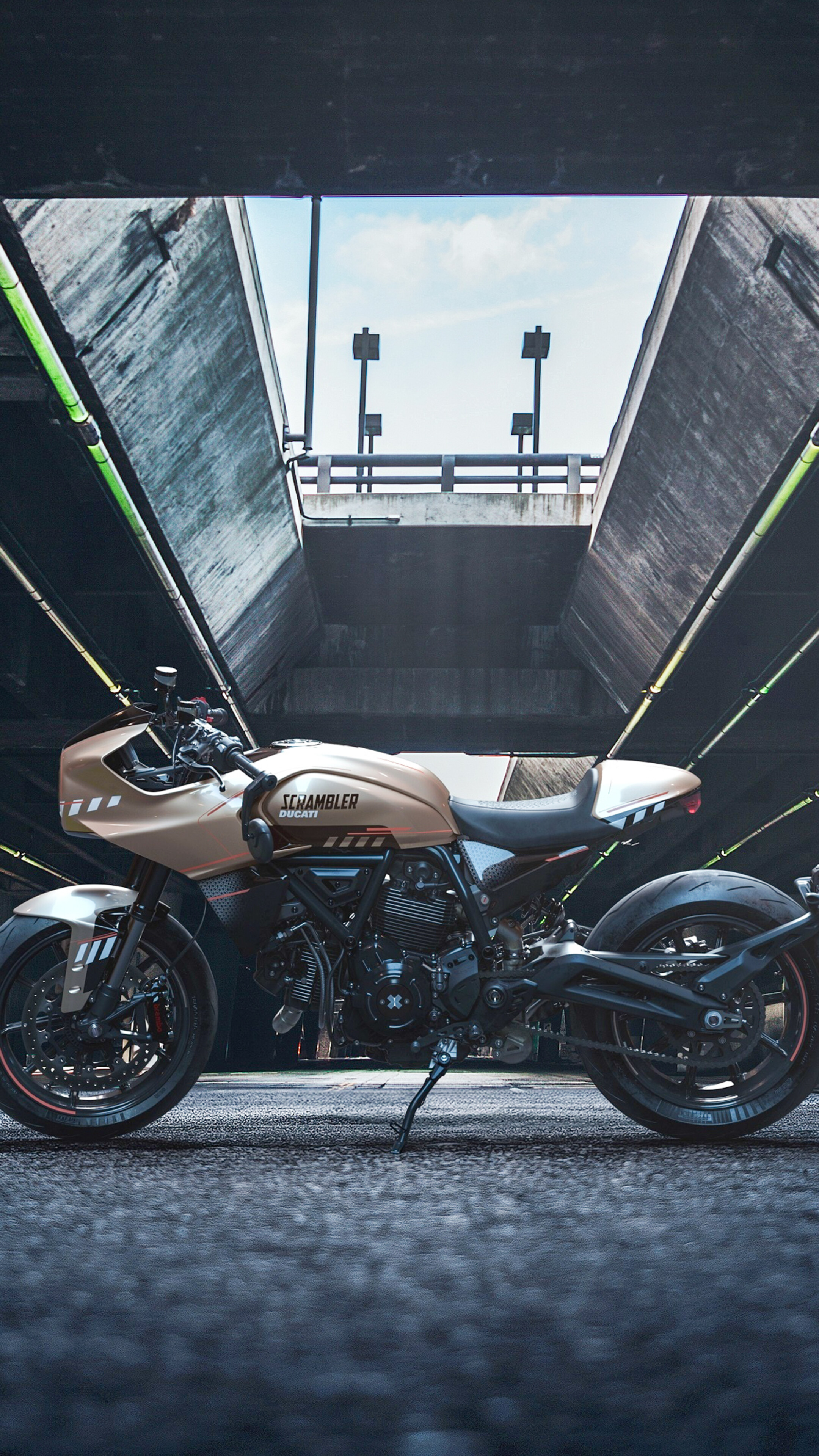A high-detail concept cafe racer motorcycle with chrome accents and a streamlined aerodynamic body.