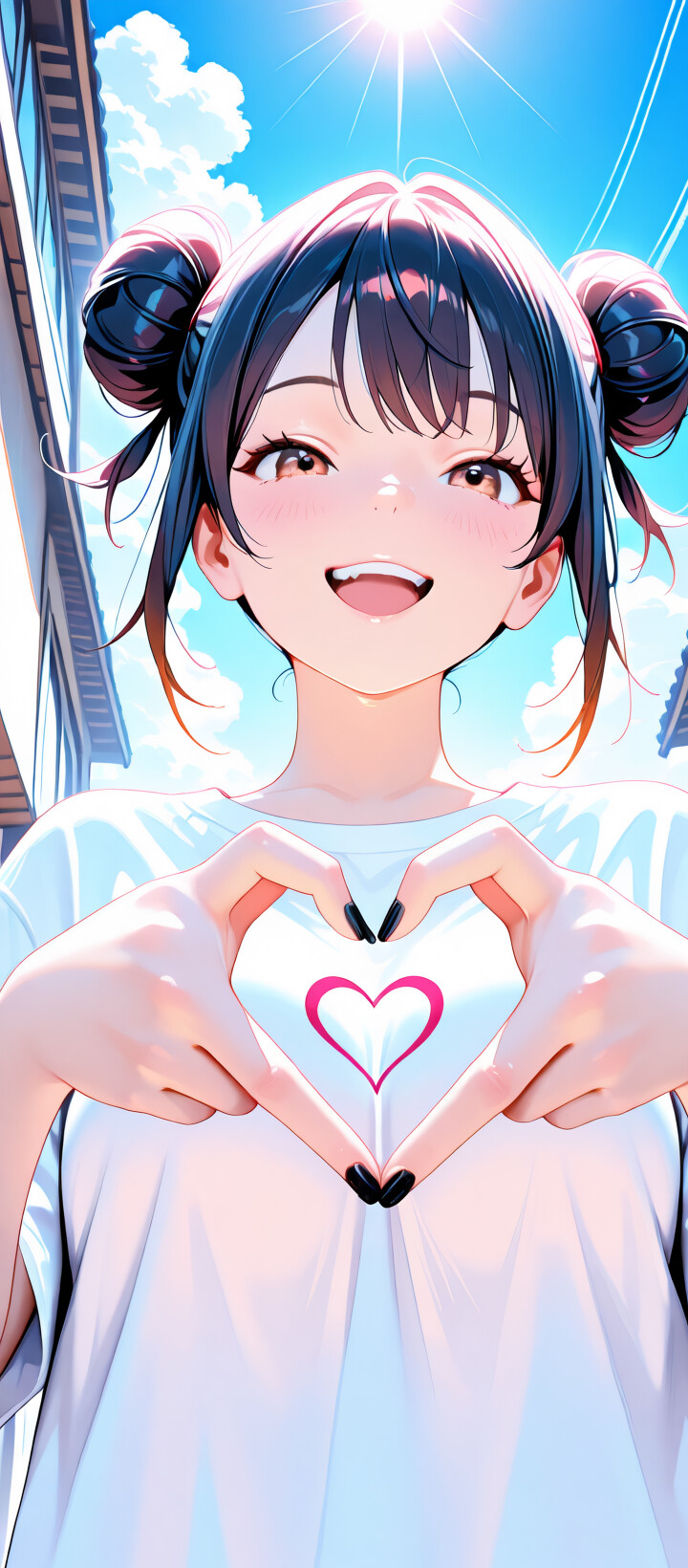 An anime girl with black hair in double buns smiles happily while making a heart shape with her hands on a sunny day in the city.