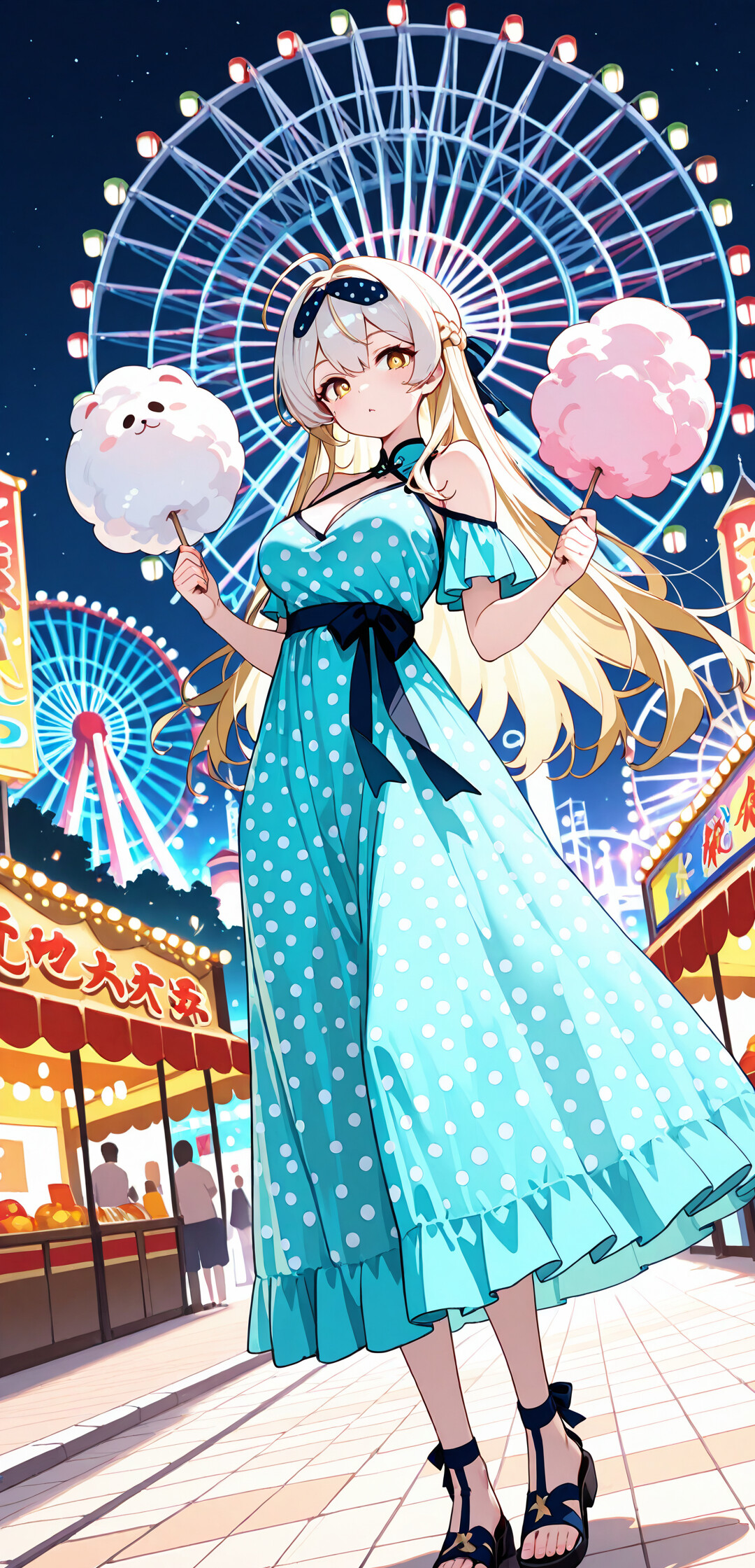 An anime girl with long blonde hair in a yellow polka-dot dress holds pink cotton candy at a carnival at night, with brightly lit Ferris wheels in the background.