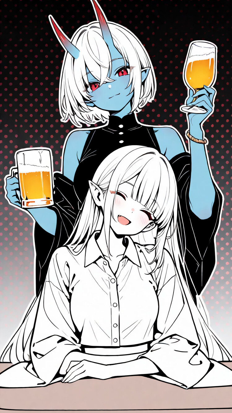 An anime-style illustration of a blue-skinned oni girl with long white hair sitting at a red table, while a red-skinned oni girl cheers with a drink in the background against a polka-dotted backdrop.