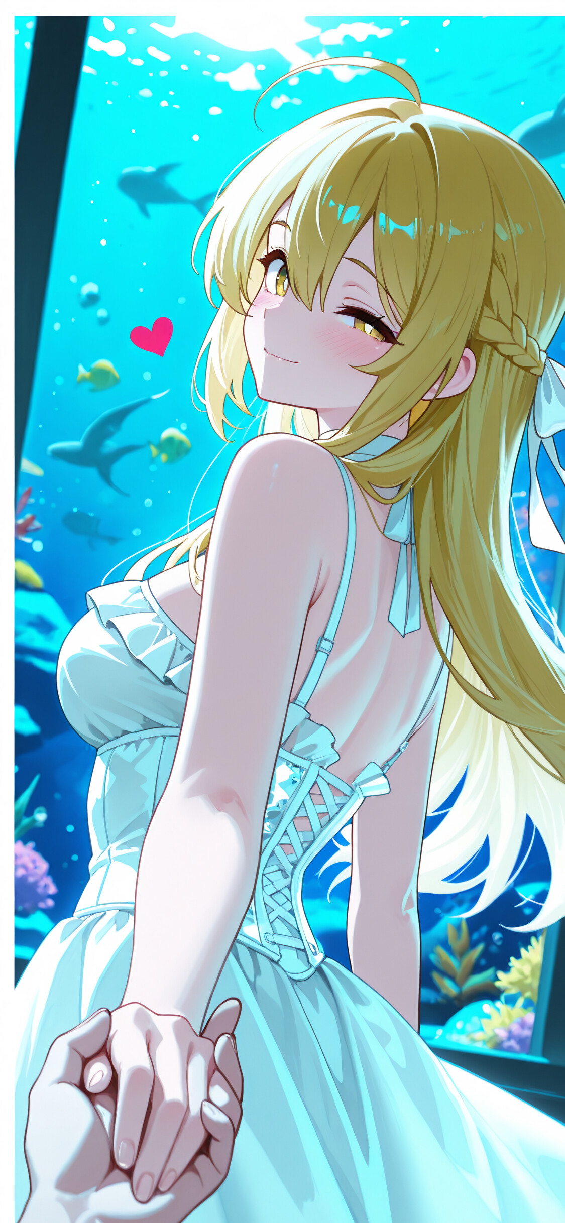 Lumine from Genshin Impact, a young woman with long blonde hair and a white dress, looks back with a sweet smile while holding the viewer's hand during a date at a beautifully lit aquarium.
