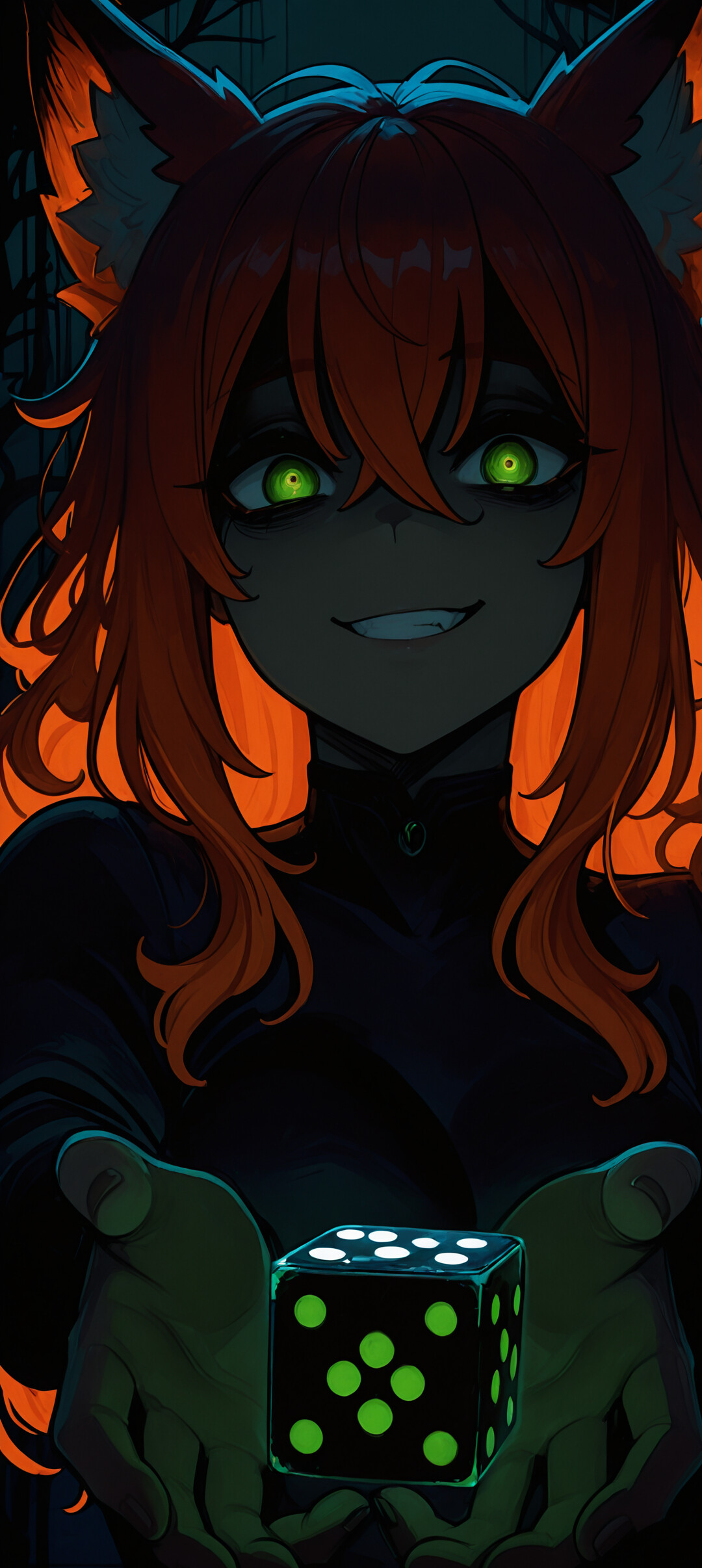 An anime-style fox girl with orange hair and glowing green eyes smiles menacingly as she offers a glowing die from the shadows.