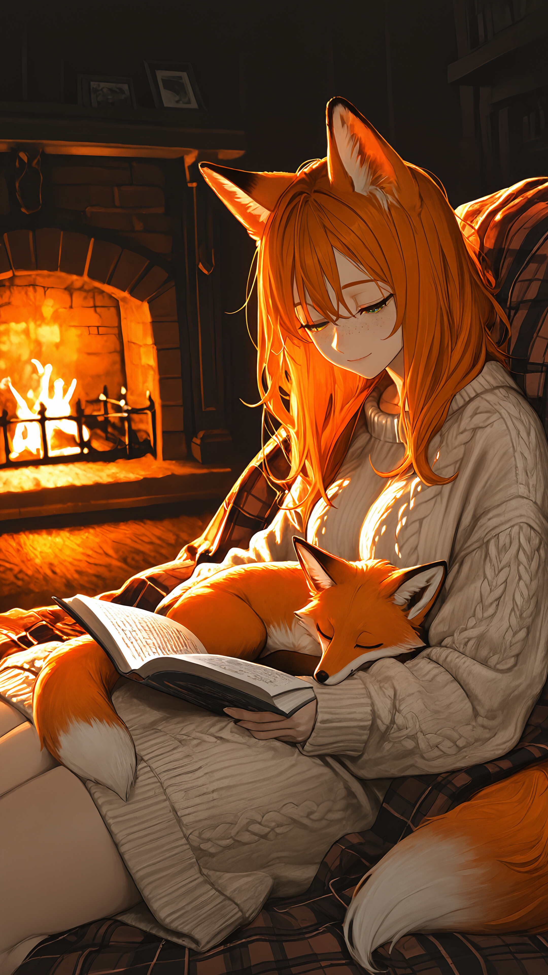 An anime-style fox girl with orange hair and a gentle smile sits by a fireplace, wearing a cozy cream sweater. A small fox is sleeping peacefully on an open book in her lap.