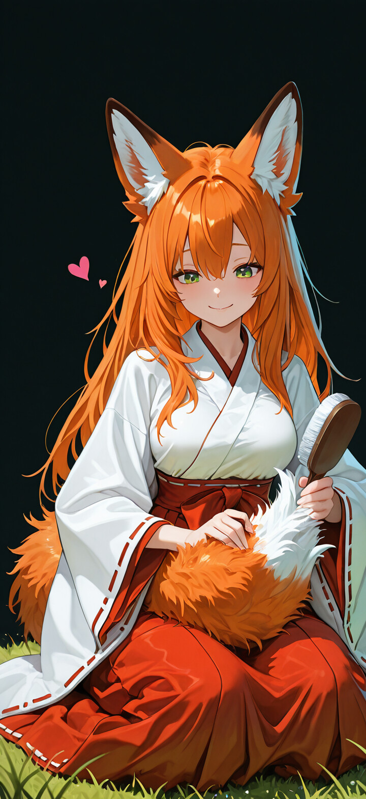 An anime-style fox girl with long orange hair and green eyes, wearing a miko outfit, sits on the grass while smiling and hugging her large, fluffy orange and white tail, holding a brush to groom it.