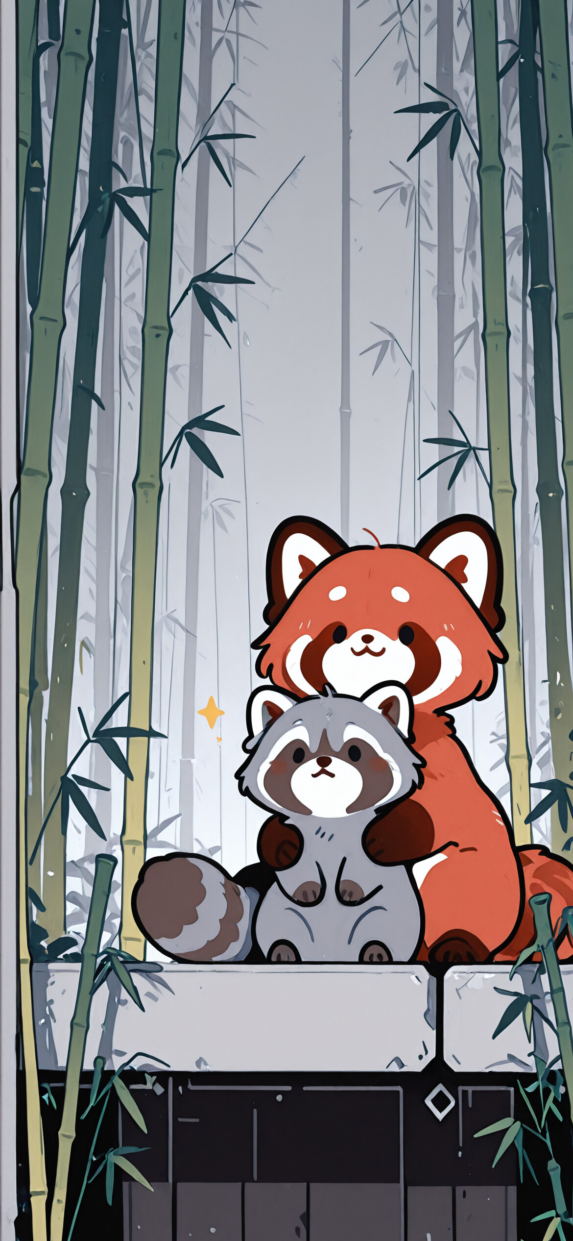 A cute, cartoon red panda stands in a bamboo forest while hugging a small, grey cartoon raccoon.