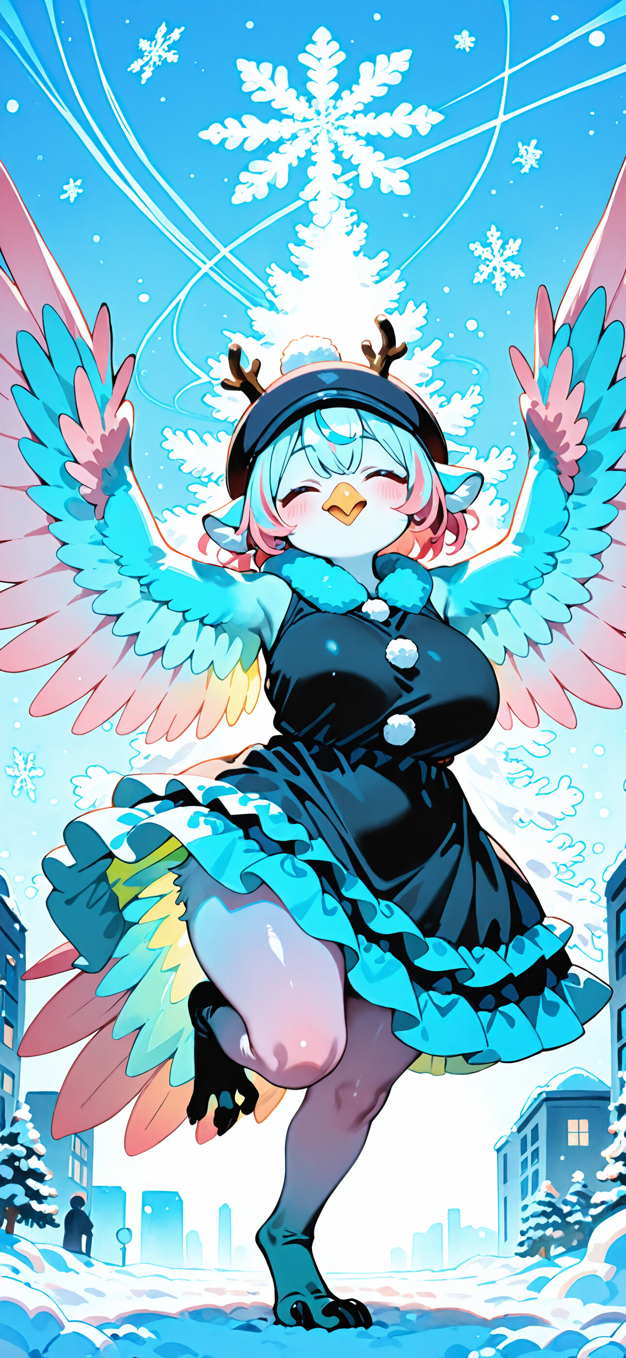 An anime-style illustration of a joyful female character with pink hair, reindeer antlers, and large blue and pink feathered wings, standing on one leg in a snowy city street.