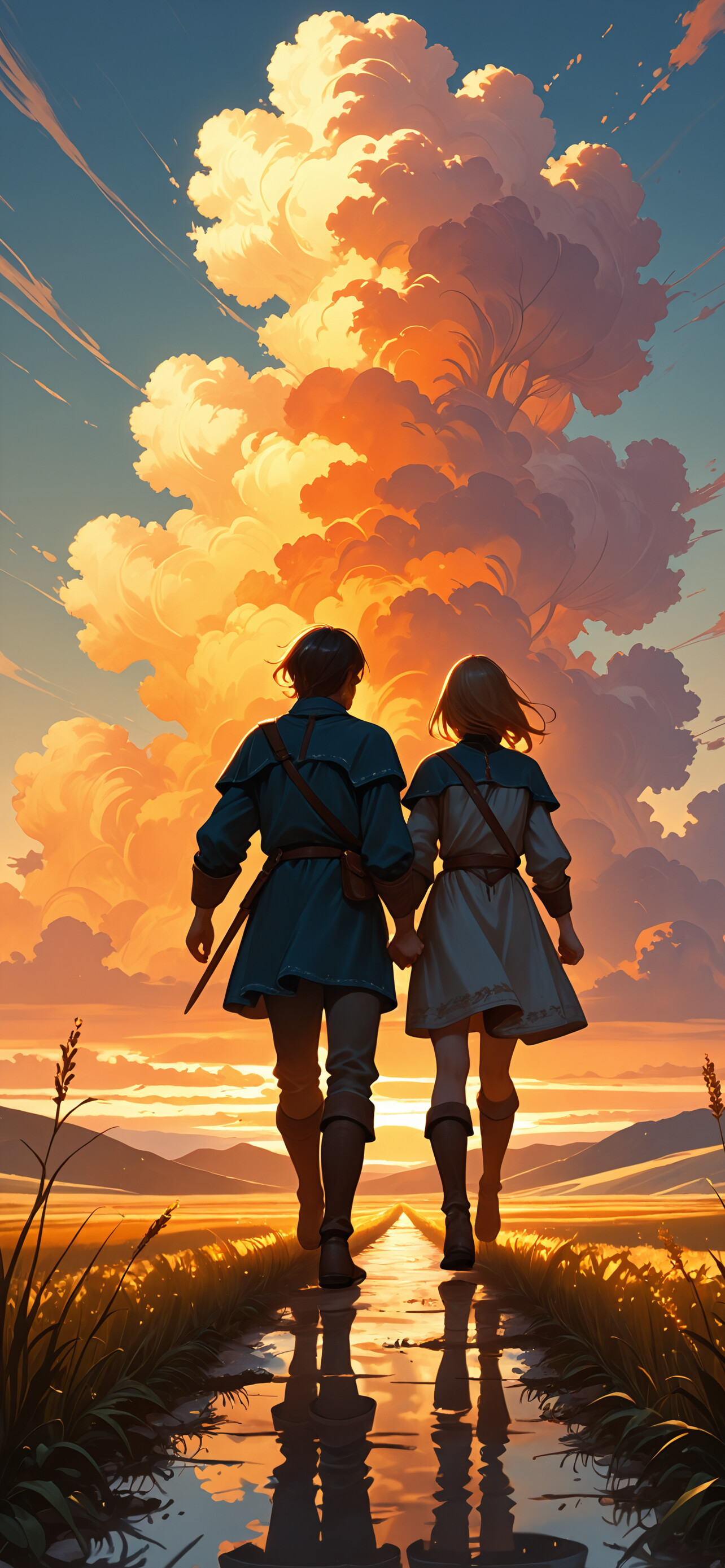 A fantasy illustration of a large male knight and a young girl running together hand-in-hand through a grassy field during a vibrant orange sunset. The man wears armor and the girl wears a blue dress.