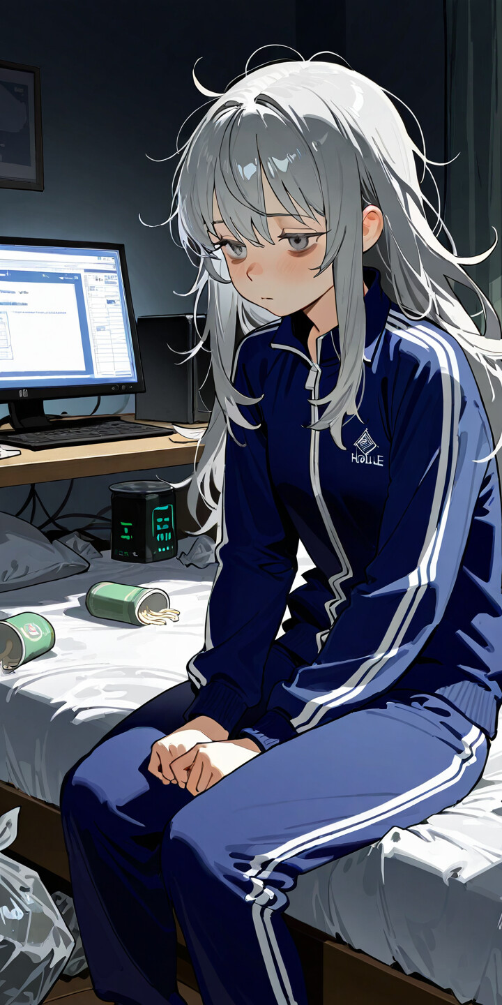 An anime-style illustration of a girl with long, messy silver hair and tired eyes wearing a blue tracksuit. She is sitting on her bed in a dark, messy room with trash bags and a glowing computer screen in the background.