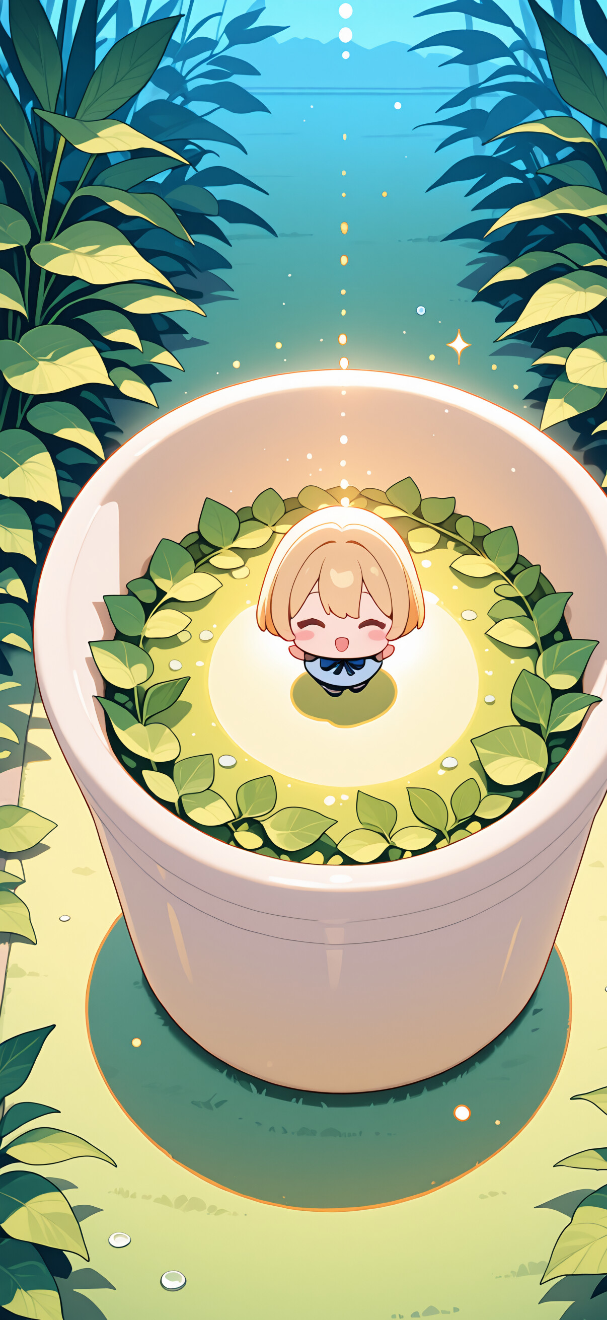 A cute, chibi-style anime girl with short blonde hair and a school uniform standing inside a large white bowl filled with green lettuce leaves, set against a backdrop of a sunlit forest.