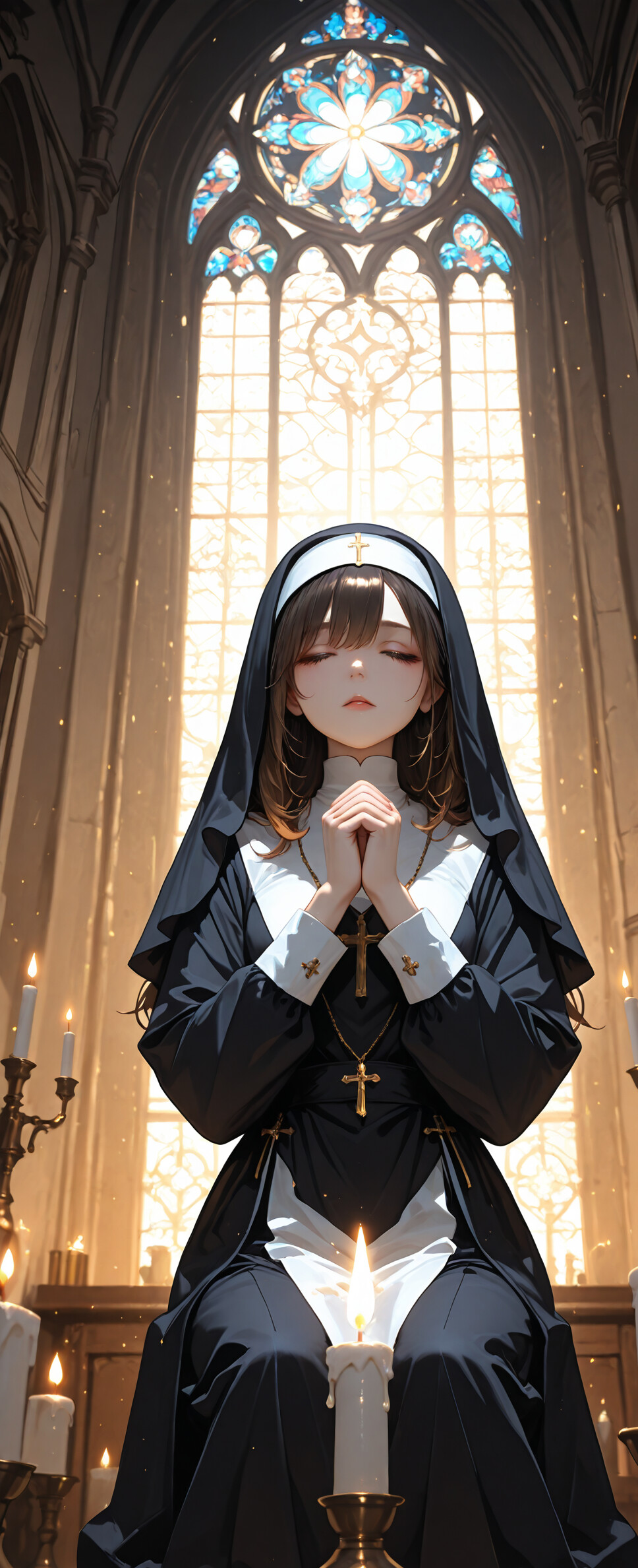 An anime-style illustration of a young nun with dark blonde hair kneeling in prayer inside a grand church, illuminated by light from a large stained-glass window and surrounding candles.