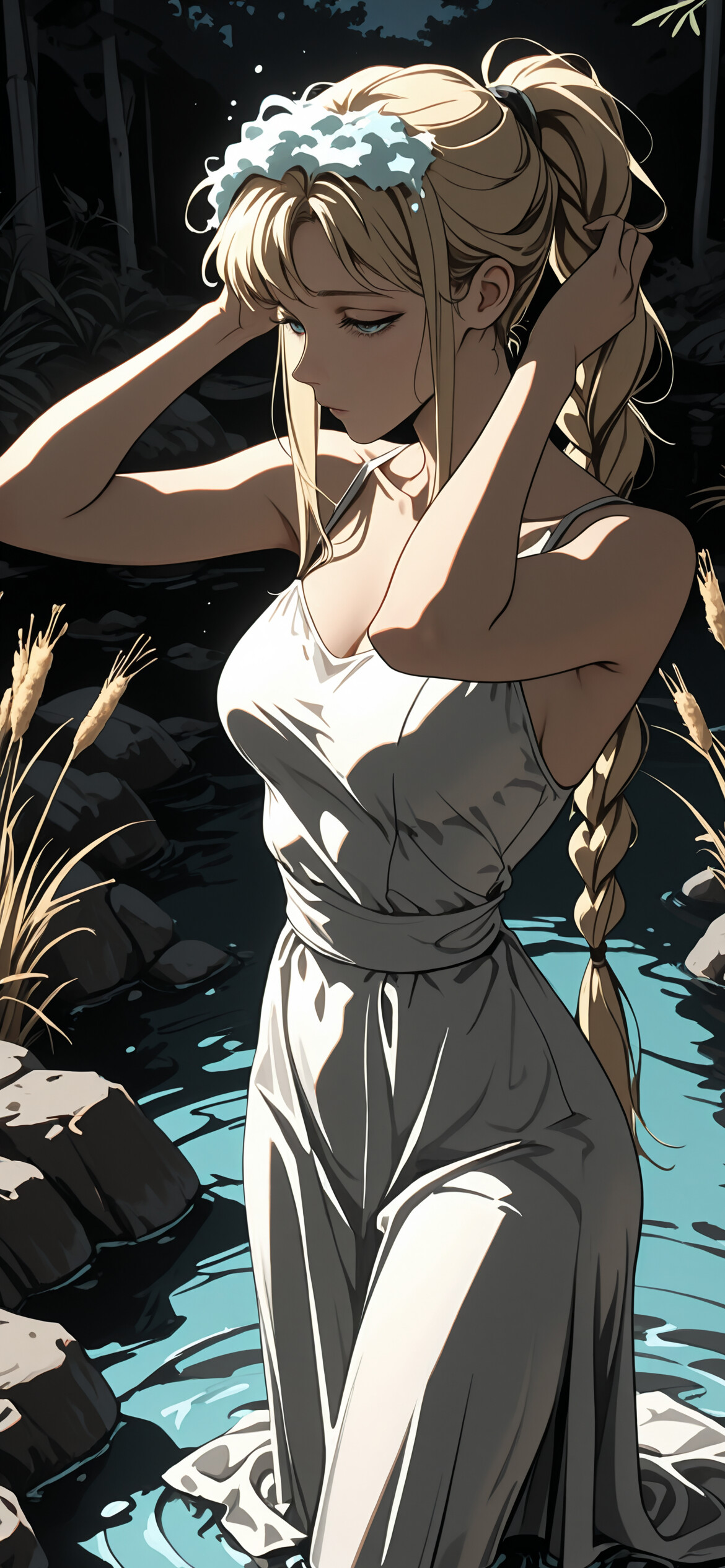 An anime-style illustration of a young woman with a long, braided blonde ponytail standing in a river at night, washing her sudsy hair while wearing a long white dress.