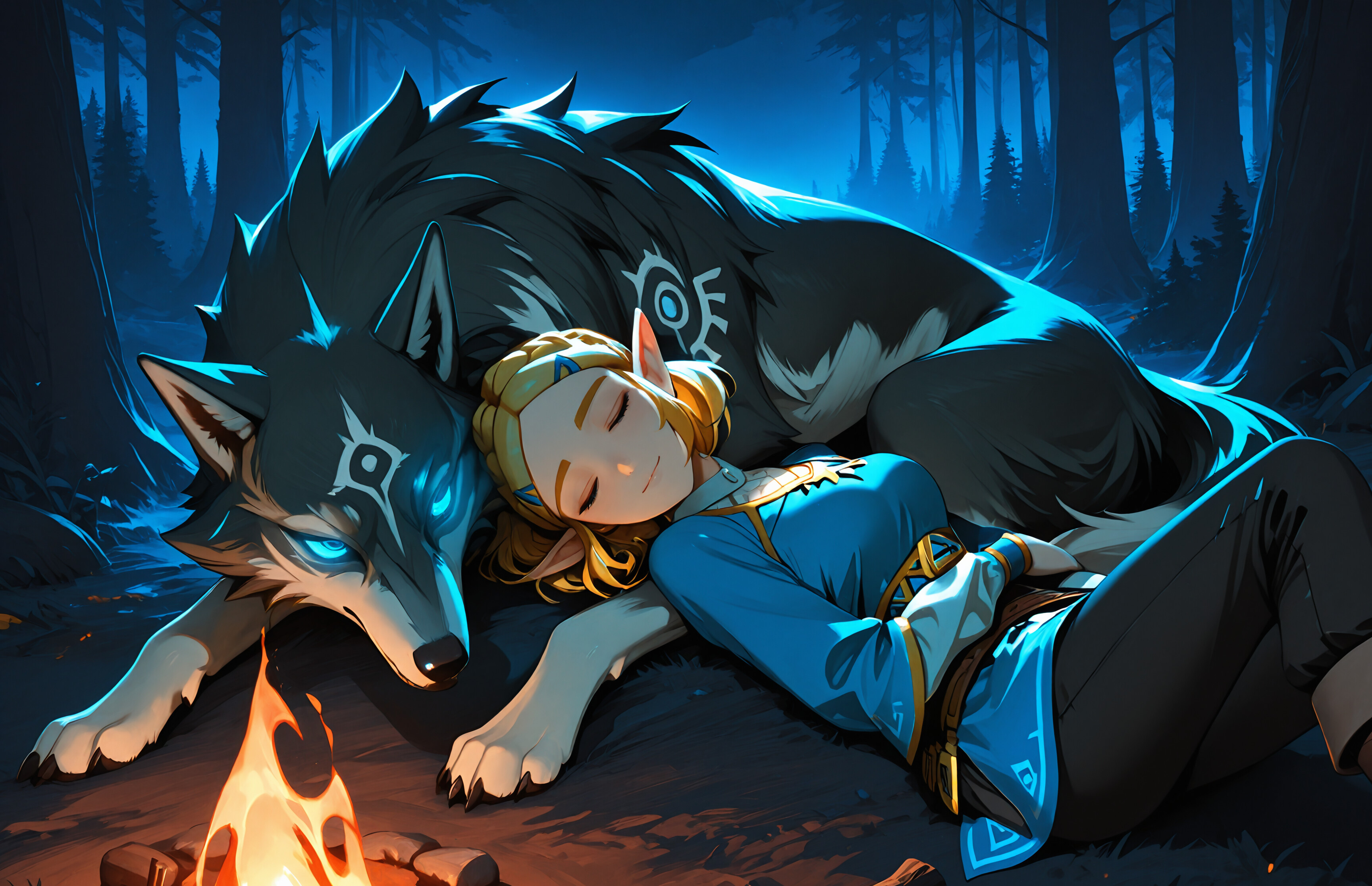 Princess Zelda, in her blue tunic, sleeping peacefully against the large, dark-furred Wolf Link next to a campfire in a forest at night. Wolf Link is awake with glowing blue eyes, watching over her.