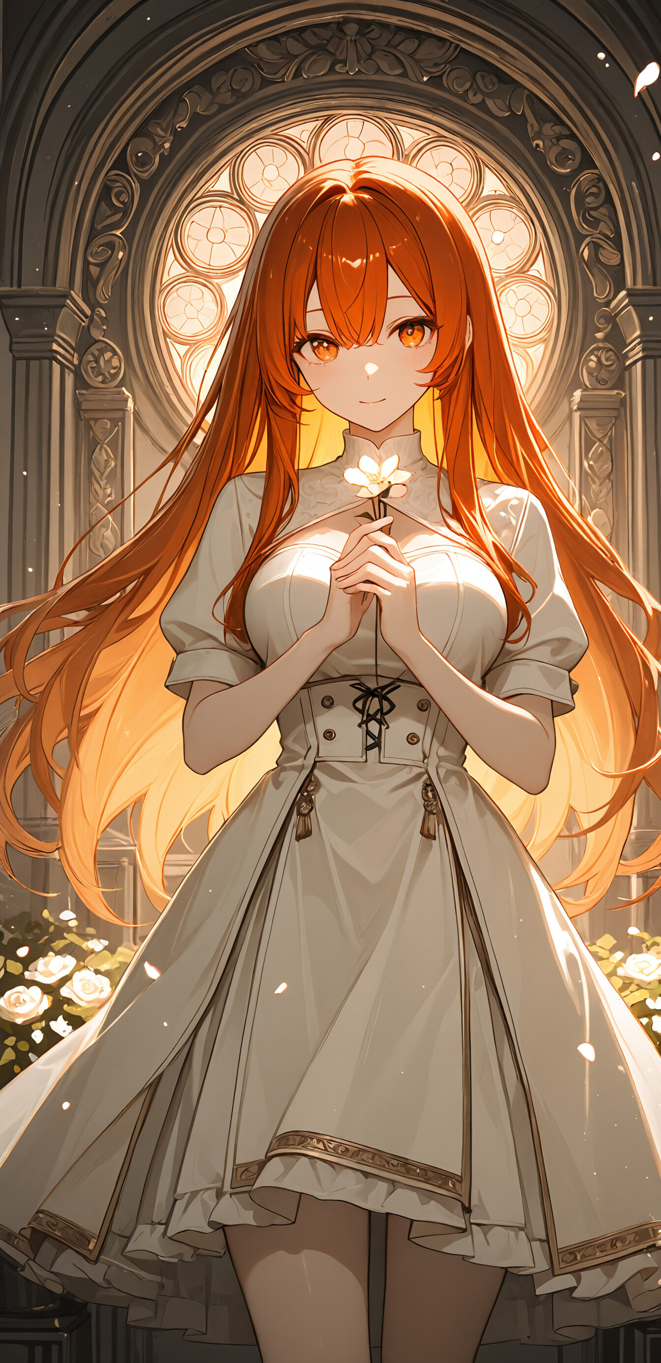 An anime-style illustration of Ritsuka Fujimaru (Gudako) from Fate/Grand Order, a young woman with long, glowing orange hair and amber eyes, wearing an elegant black dress in a dark garden filled with golden roses.