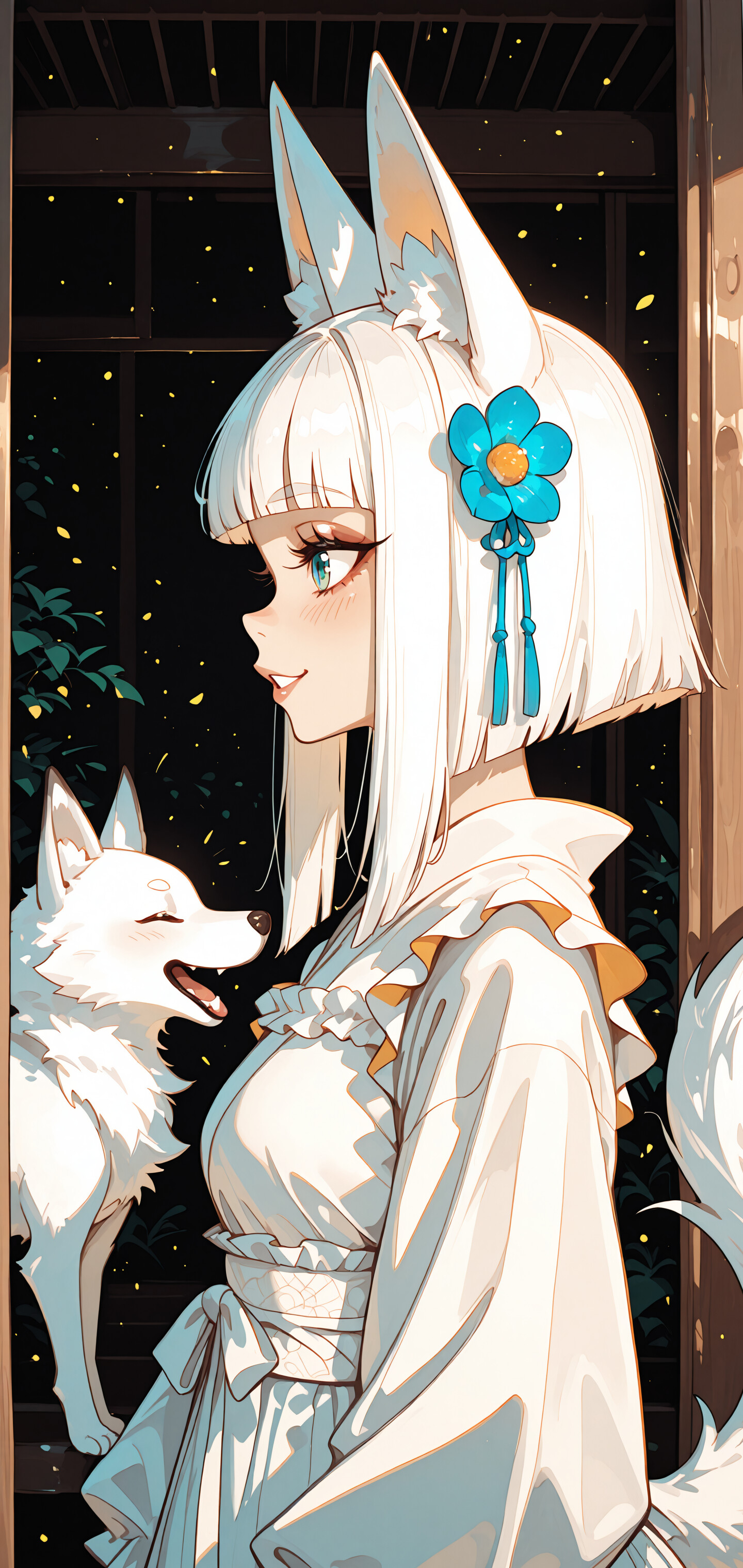 A profile illustration of an anime-style girl with short white hair and large white fox ears, wearing a pink flower. She is smiling and holding a small white fox against the backdrop of a Japanese garden at night.