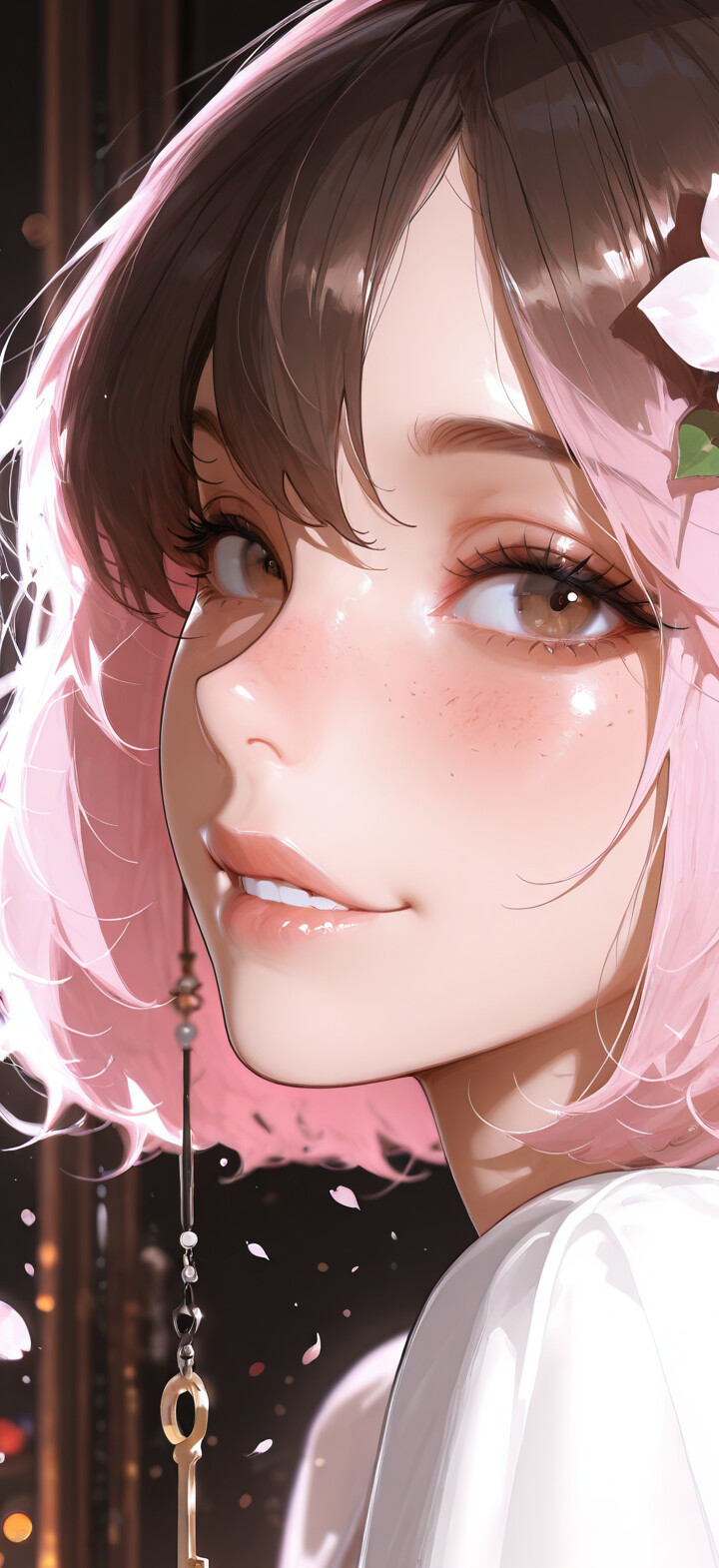 A close-up digital portrait of Neopolitan from RWBY, a young woman with brown and pink hair. She has sakura flowers in her hair, brown eyes, freckles, a gentle smile, and wears a golden key earring.
