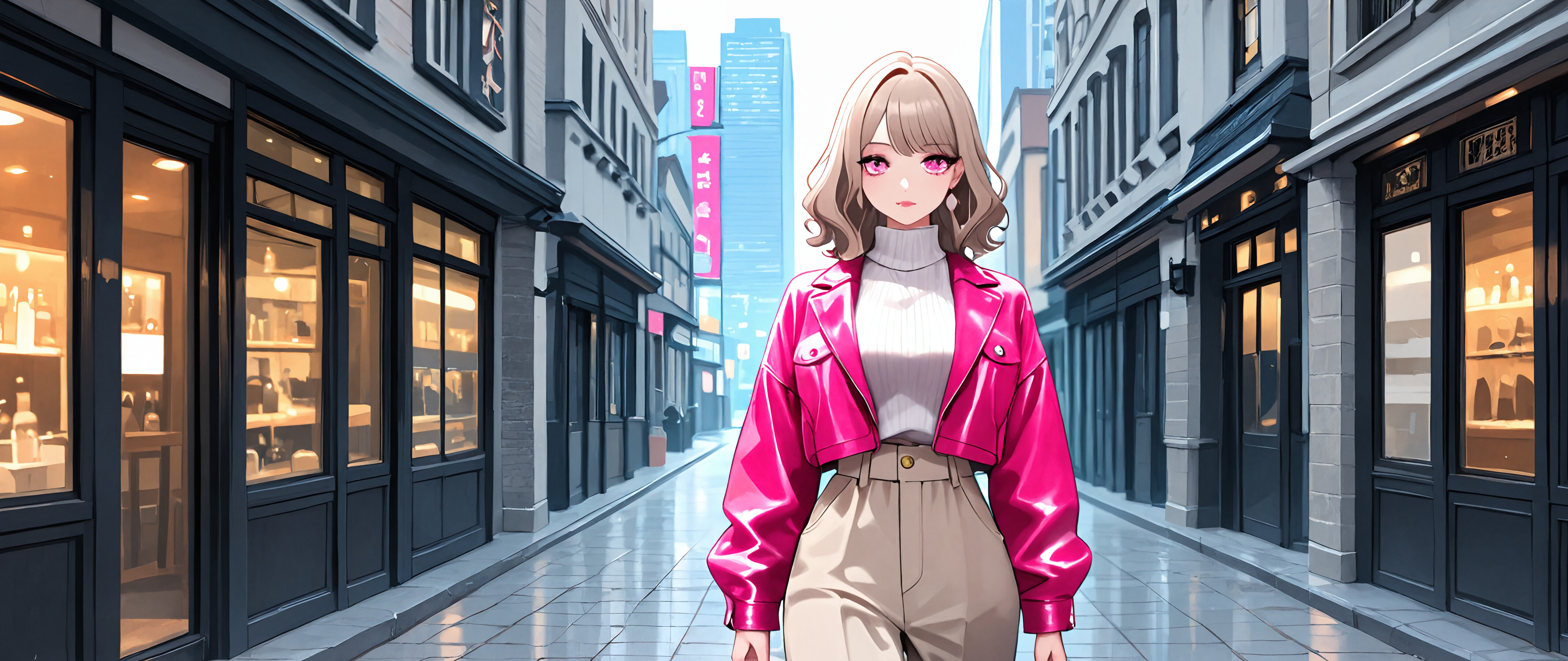 An anime-style illustration of a fashionable young woman with blonde, wavy hair and pink eyes walking down a city street, wearing a pink jacket, white turtleneck, and beige pants.