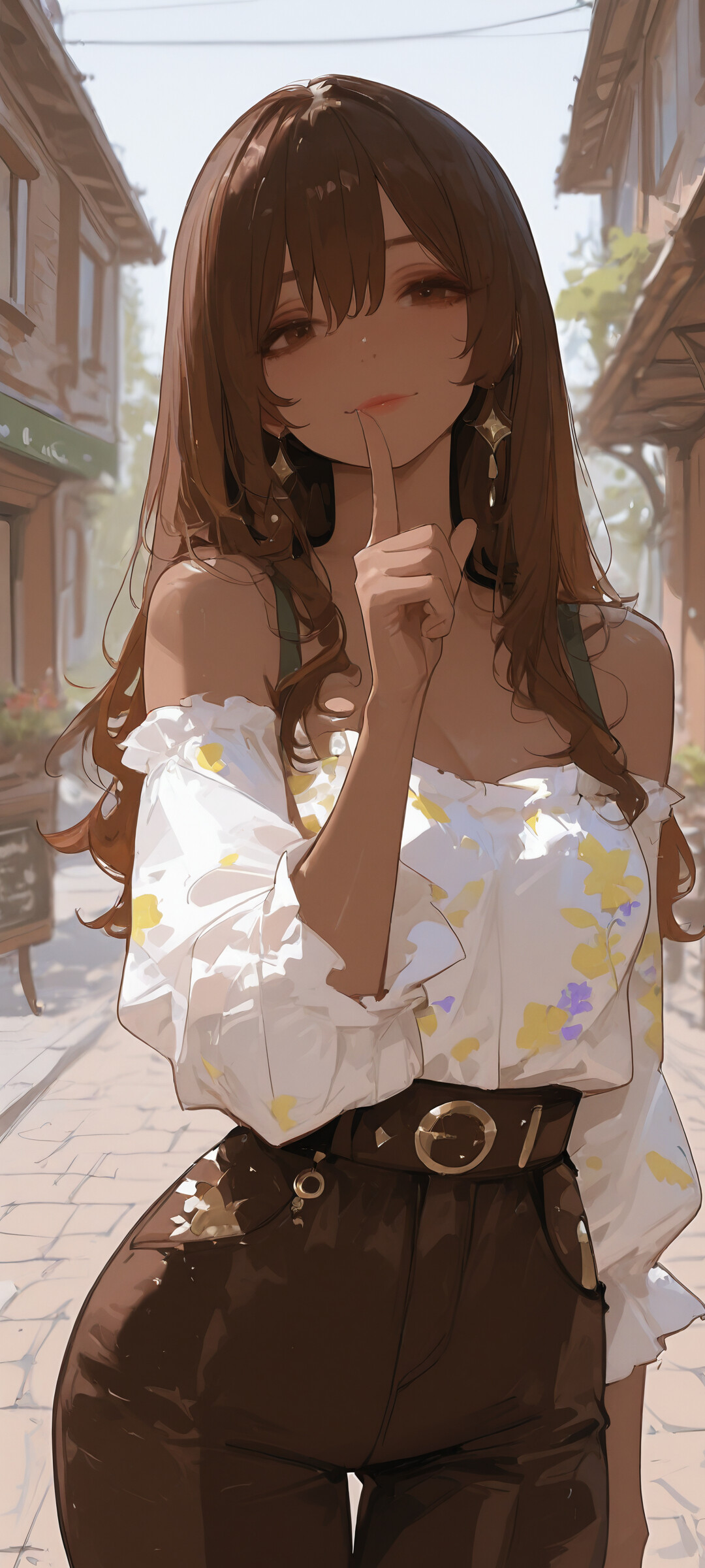 An anime-style illustration of a young woman with long brown hair and dark skin, standing in a sunny alley. She wears a white floral off-the-shoulder top and holds a finger to her lips with a smile.