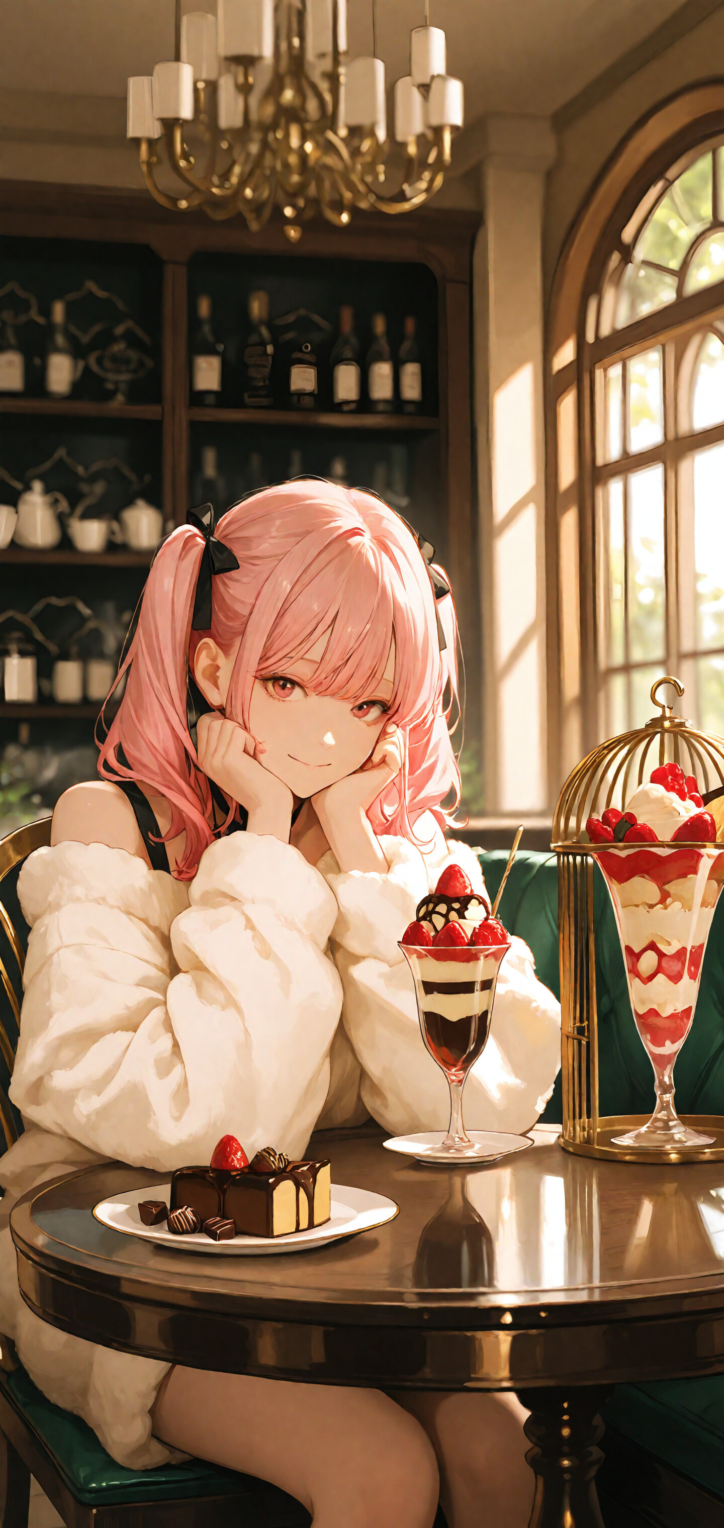 An anime girl with pink hair in twin tails sits at a cafe table laden with desserts. She is wearing a white fluffy sweater and smiling, with her chin resting on her hands. On the table are a strawberry parfait, a slice of cake, a cup of tea, and a dessert stand.