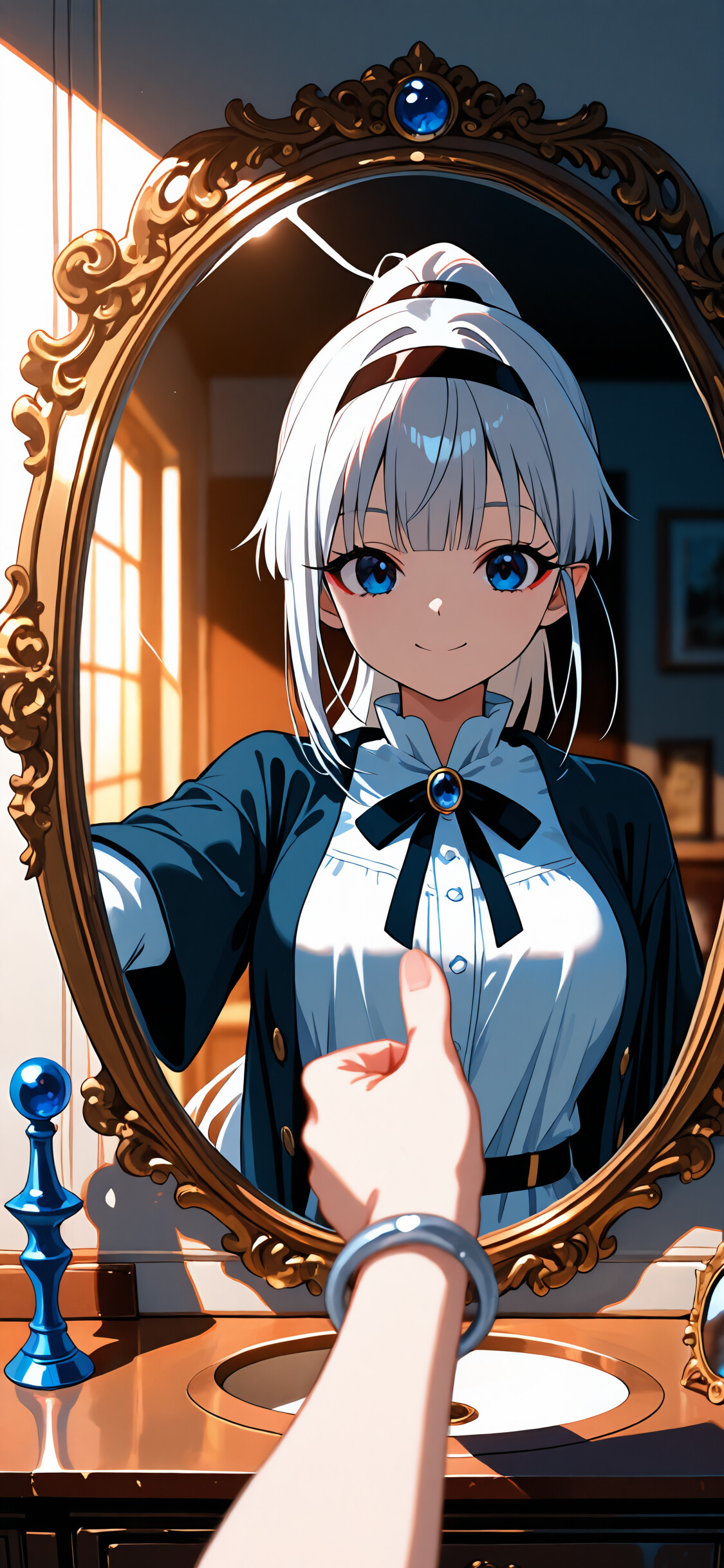 An anime girl with silver hair and pointy ears, Hiragi Popura, smiles and gives a thumbs-up in an ornate mirror, with a hand in the foreground giving a thumbs-up back to her reflection.