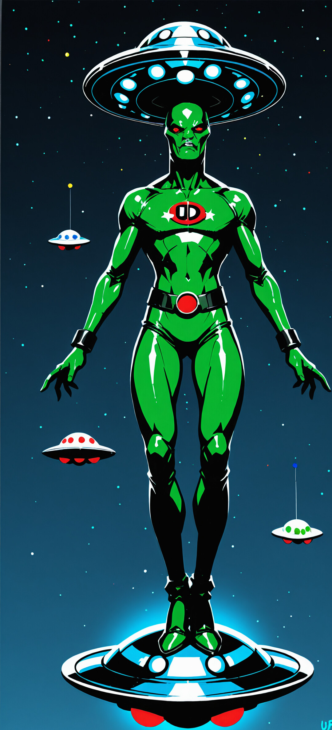 Full-body illustration of a muscular, green-skinned alien in a shiny black suit with a red 'DD' logo, standing on a UFO with two smaller UFOs in the background.
