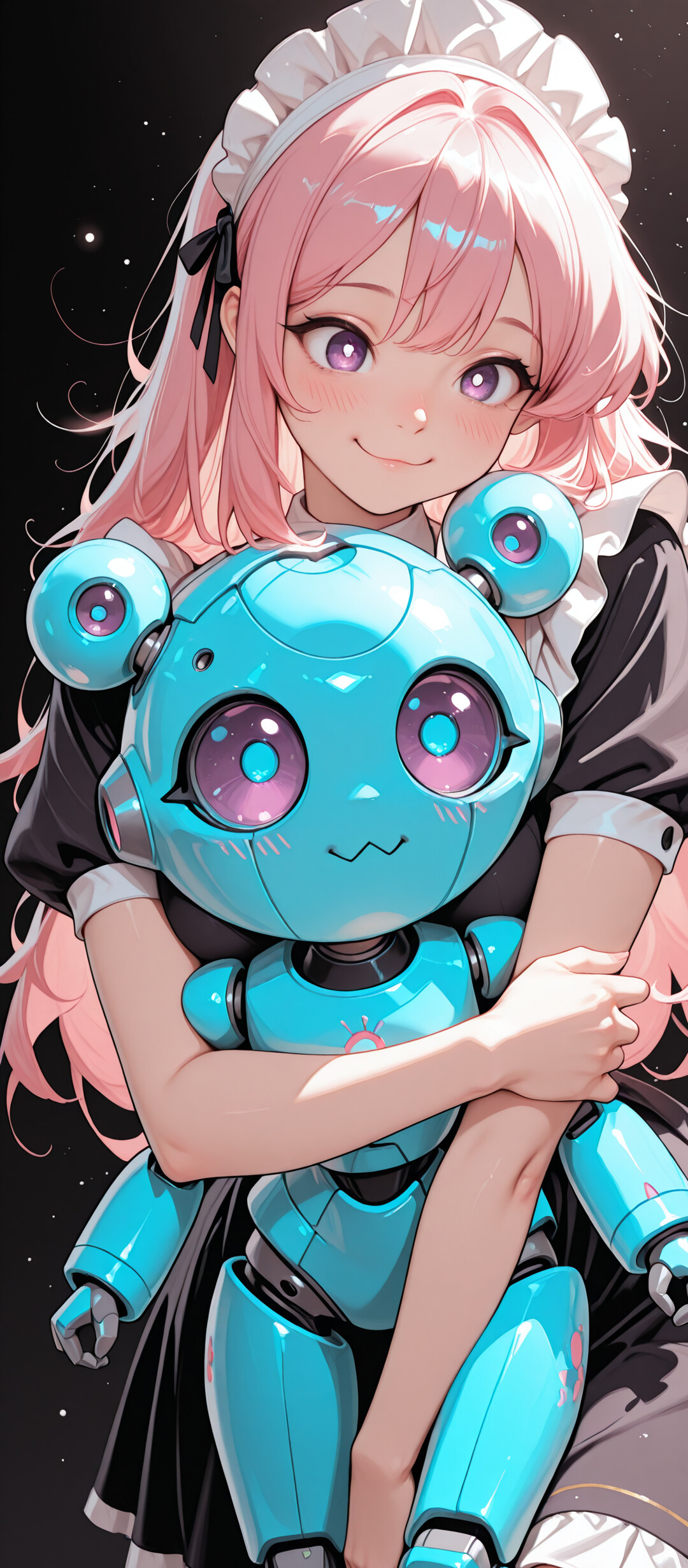 A close-up illustration of a young woman with long pink hair, dressed in a maid outfit, smiling as she lovingly hugs a small, cute blue robot against a starry black background.