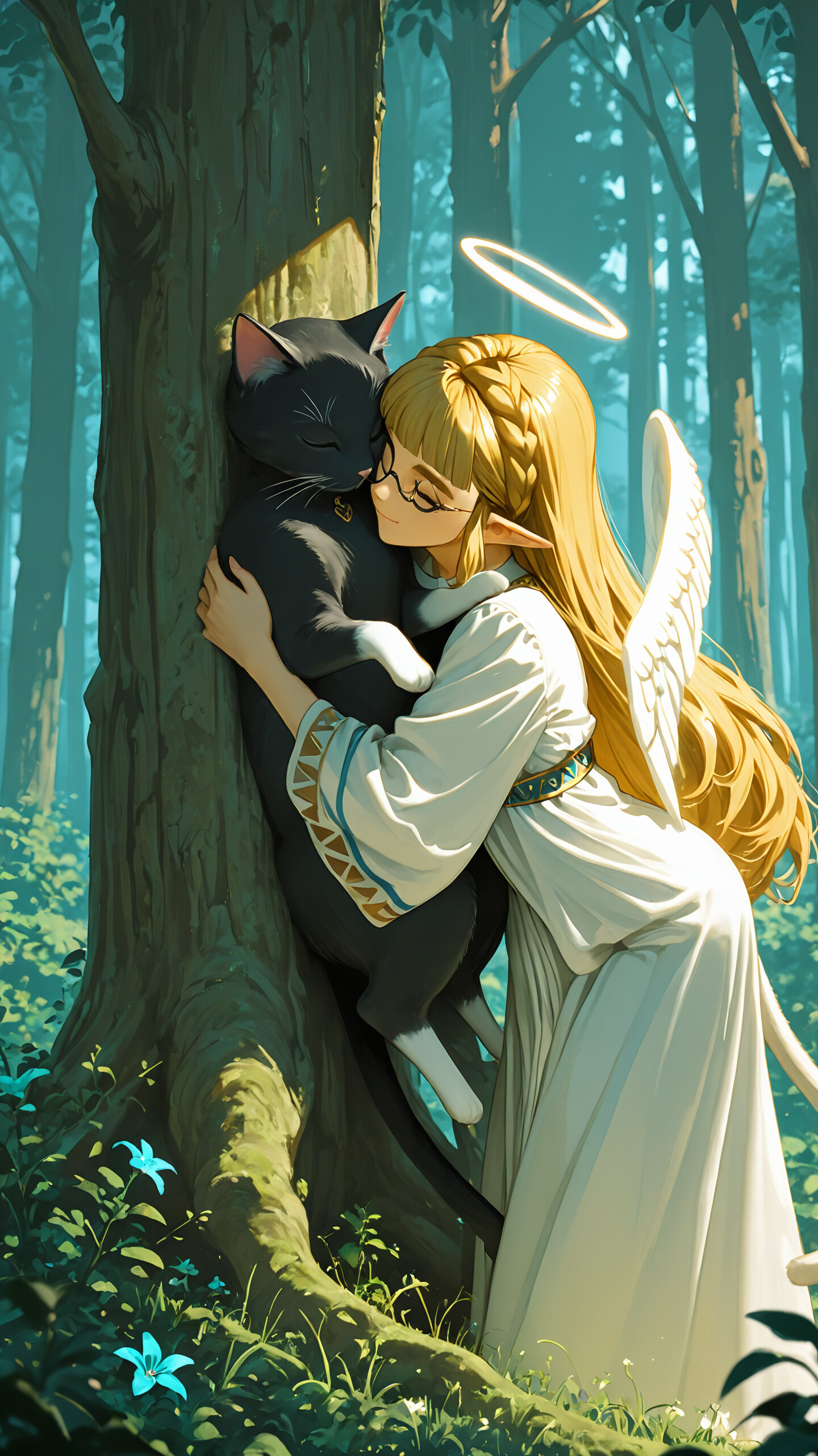 An anime-style illustration of Princess Zelda with long blonde hair, pointed ears, a halo, and an angel wing, sitting in a forest and lovingly hugging a black cat.