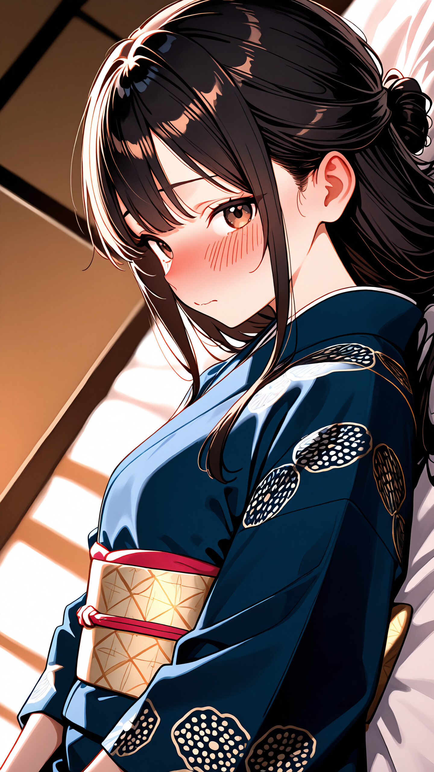 Anime girl in kimono, lying on back, serene expression, traditional attire, long black hair with pink flower