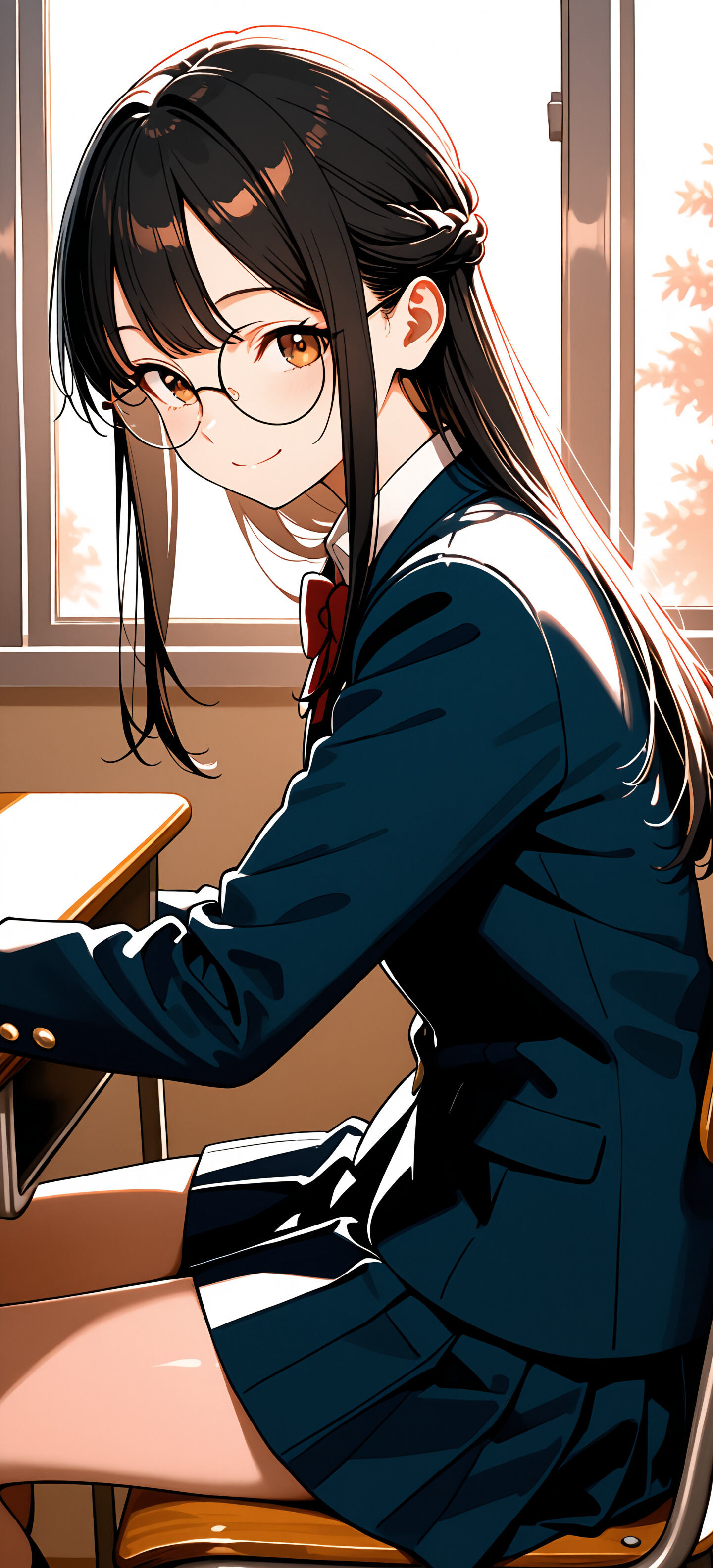 An anime girl with round glasses and a school uniform, seated by a classroom window, bathed in sunlight.