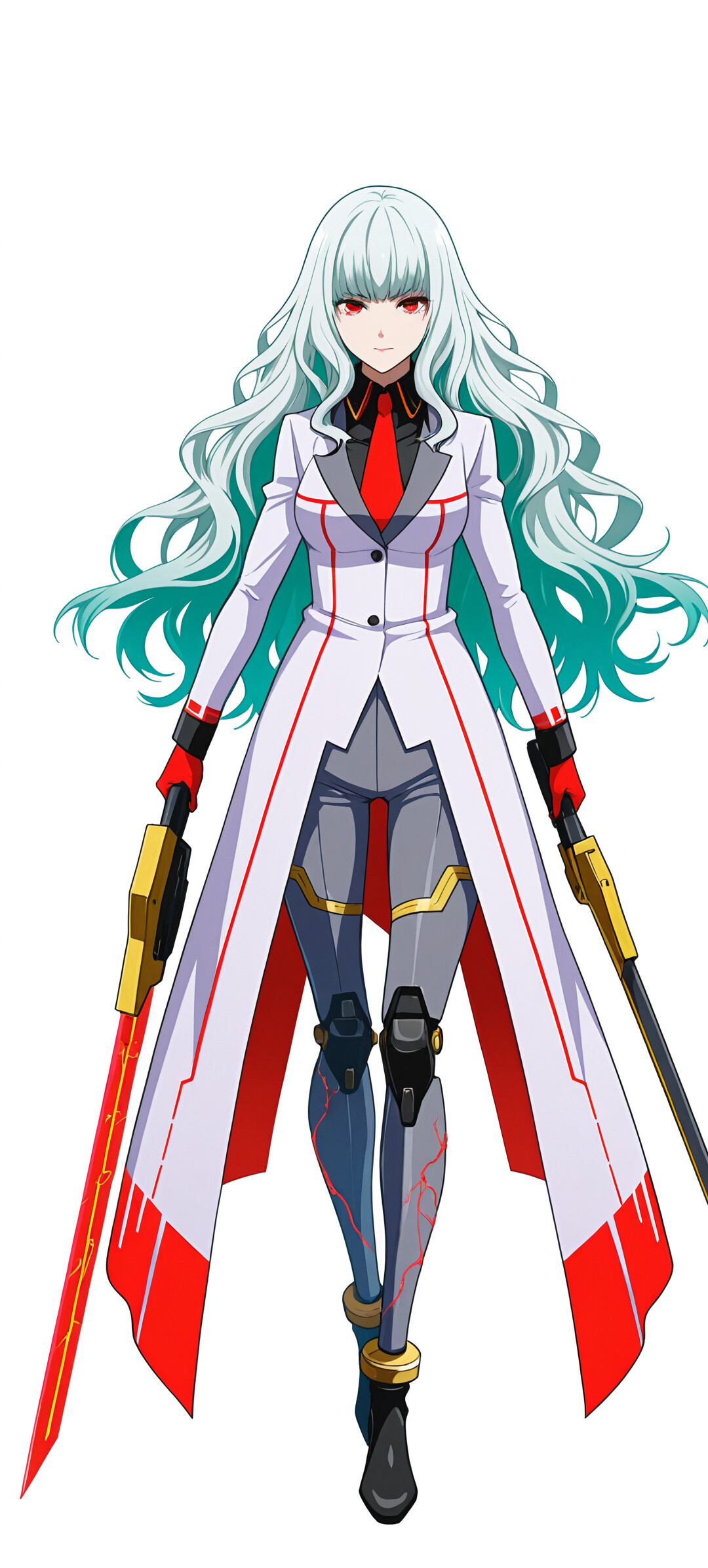 A full-body illustration of an anime girl with long light-blue hair and red eyes, wearing a white coat and holding two large, glowing orange swords against a white background.