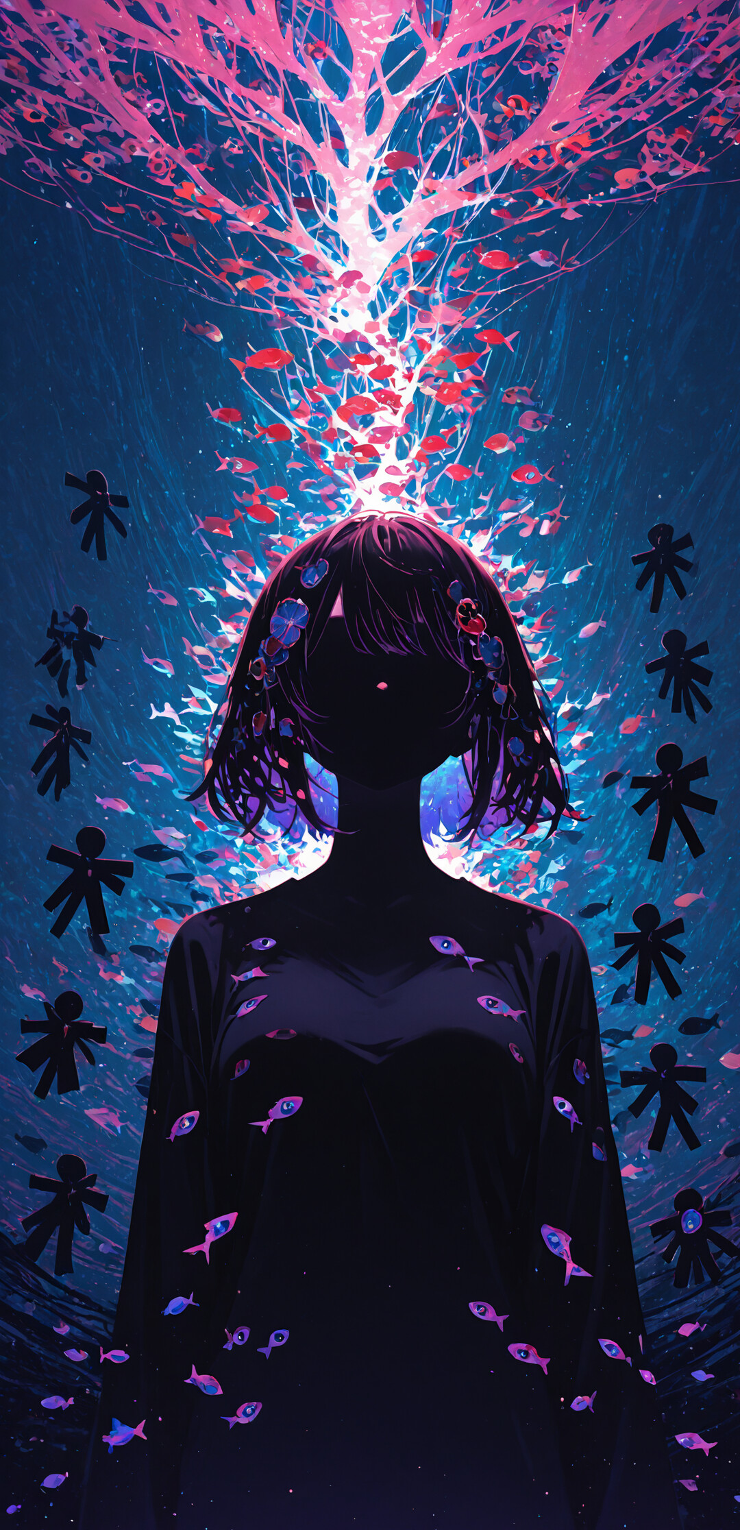 An anime-style girl with dark hair and glowing yellow eyes stands in a dark room. Above her, a massive school of pink fish glows against a blue background. Smaller fish are on her shirt.