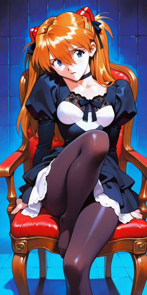 Asuka Langley Soryu from Neon Genesis Evangelion with her signature orange hair in pigtails, sitting in a fancy red and gold armchair. She is wearing a black and white Gothic Lolita dress with black pantyhose and no shoes, looking directly at the camera.