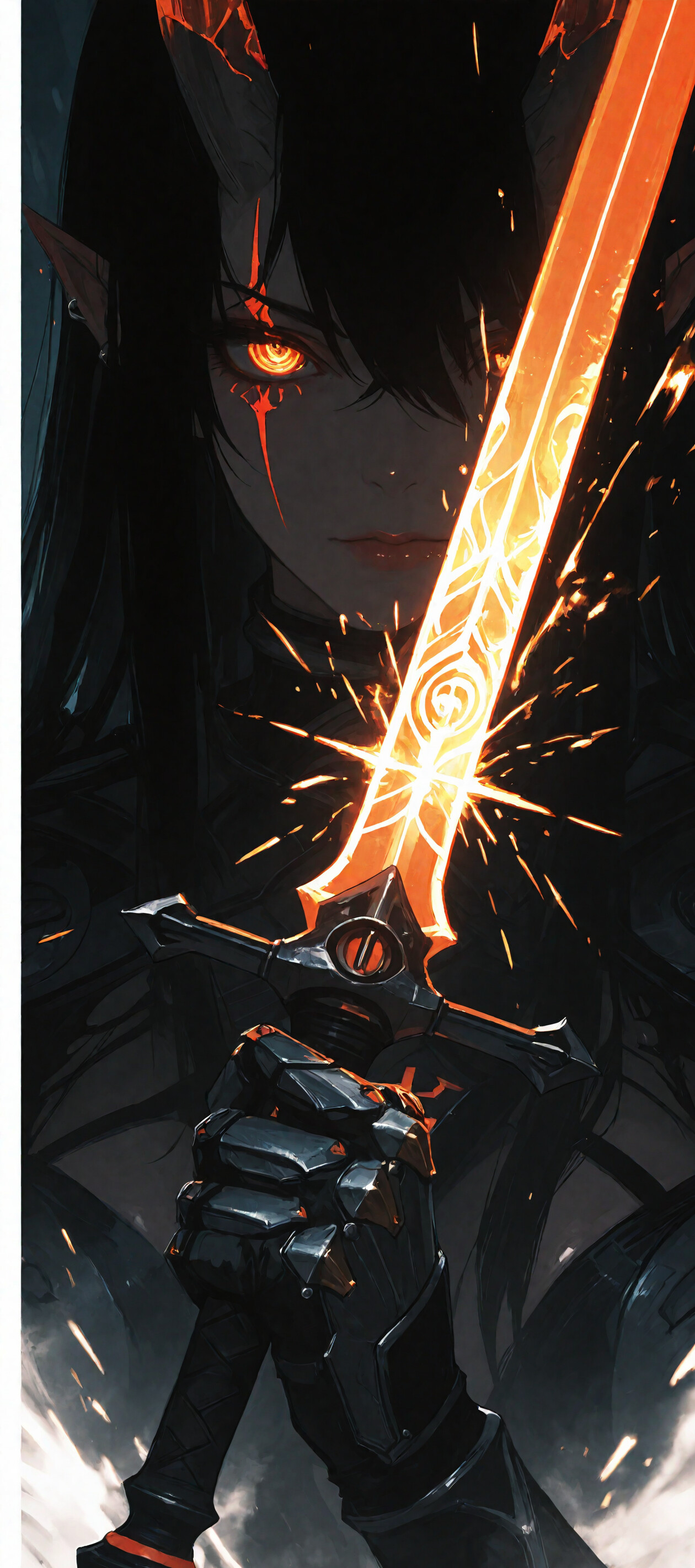 A close-up of a dark-haired anime girl with glowing orange eyes, holding a fiery, incandescent sword vertically in front of her face with armored hands.