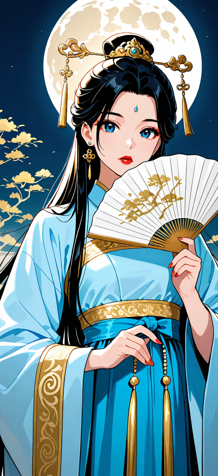 An anime-style illustration of a beautiful young woman with long black hair and blue eyes, wearing a traditional blue and gold Chinese hanfu. She holds a golden fan and stands before a circular background of a starry night sky with golden clouds.