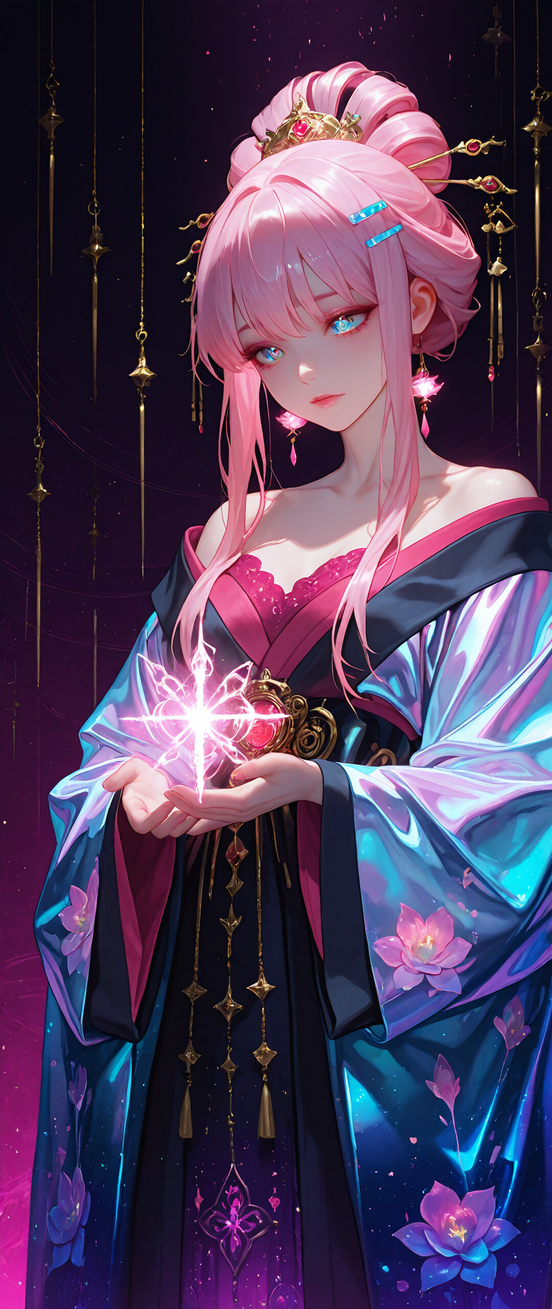 A beautiful anime-style woman with pink hair in an elaborate updo, wearing a blue and purple kimono, holds a glowing white crystalline flower in her hands against a dark, celestial background with a golden ring.
