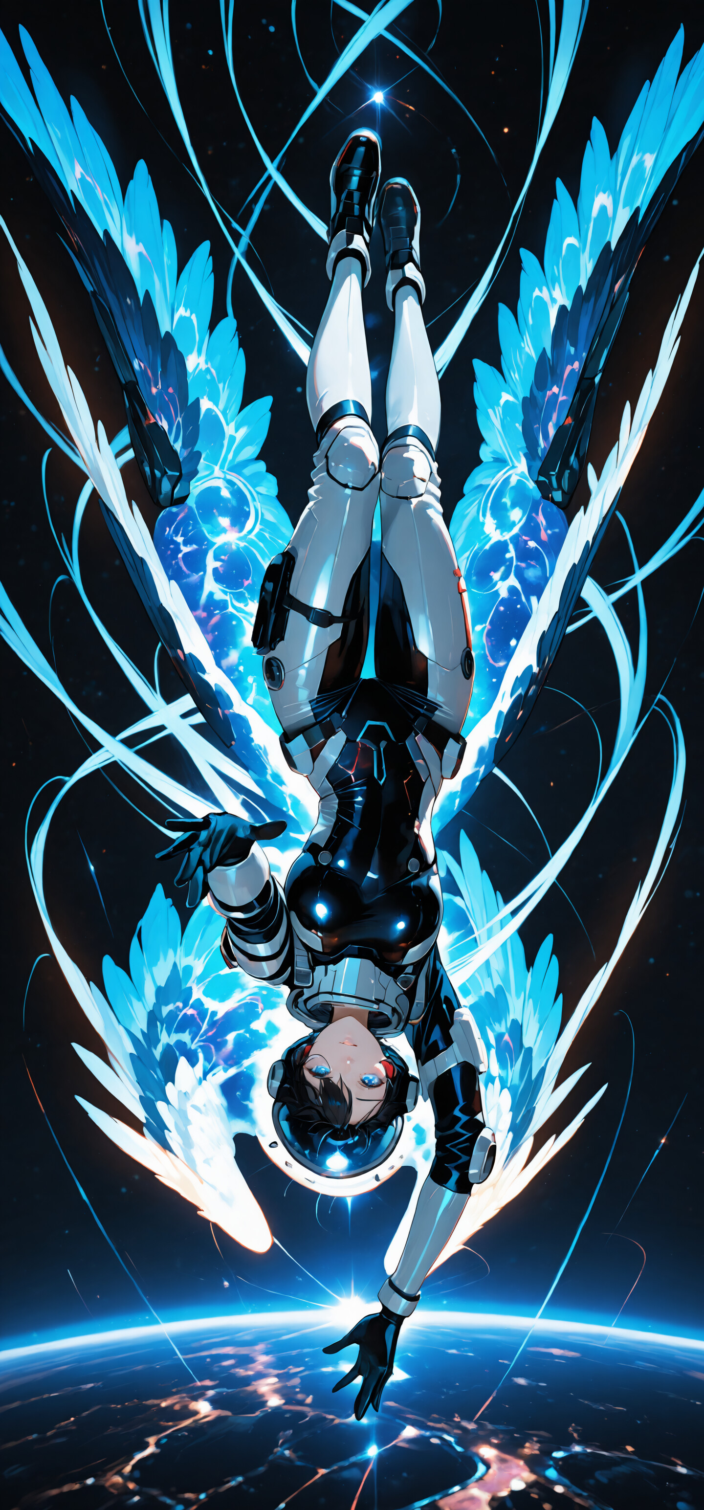 Fujimaru Ritsuka from Fate/Grand Order as an astronaut with large blue and white wings, floating upside down in space above a planet and reaching towards the viewer.
