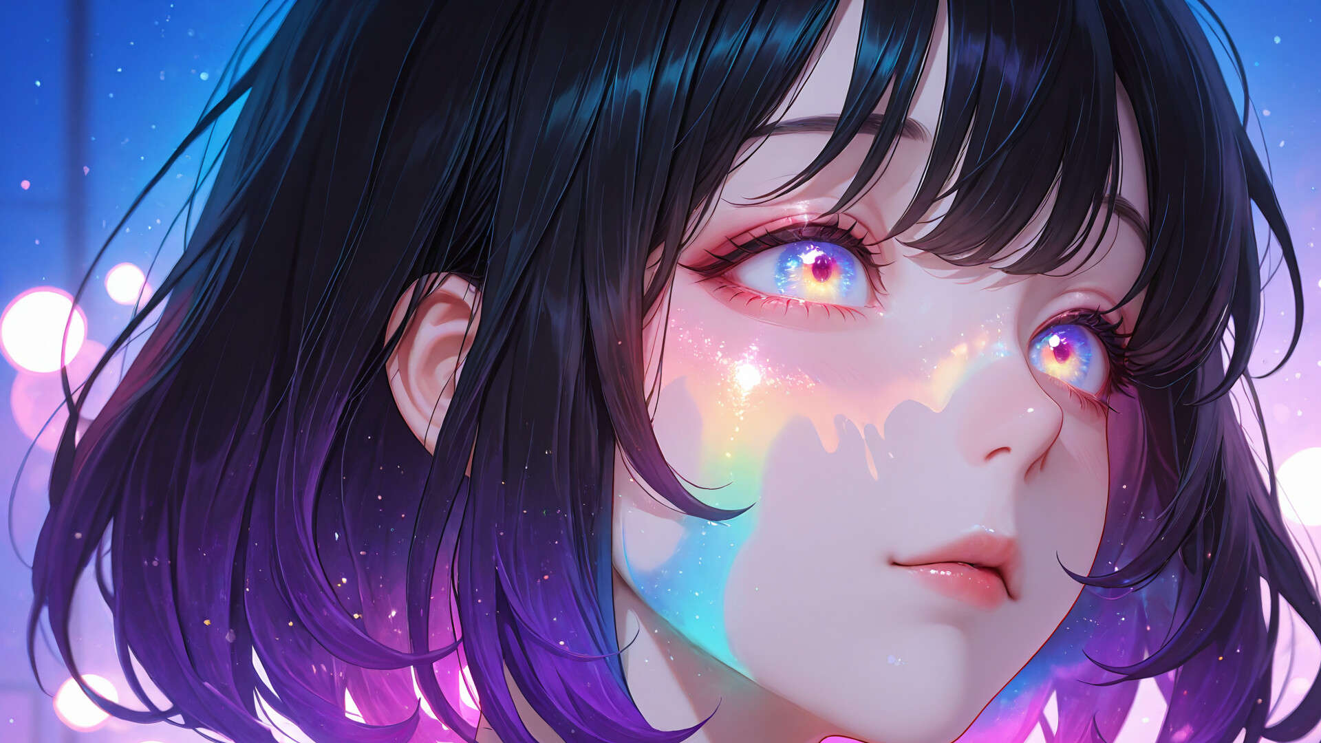 A close-up artistic portrait of an anime-style woman with short black hair and purple tips, looking up. A vibrant rainbow-colored light is reflected in her eyes and cast across her cheek against a starry blue background.