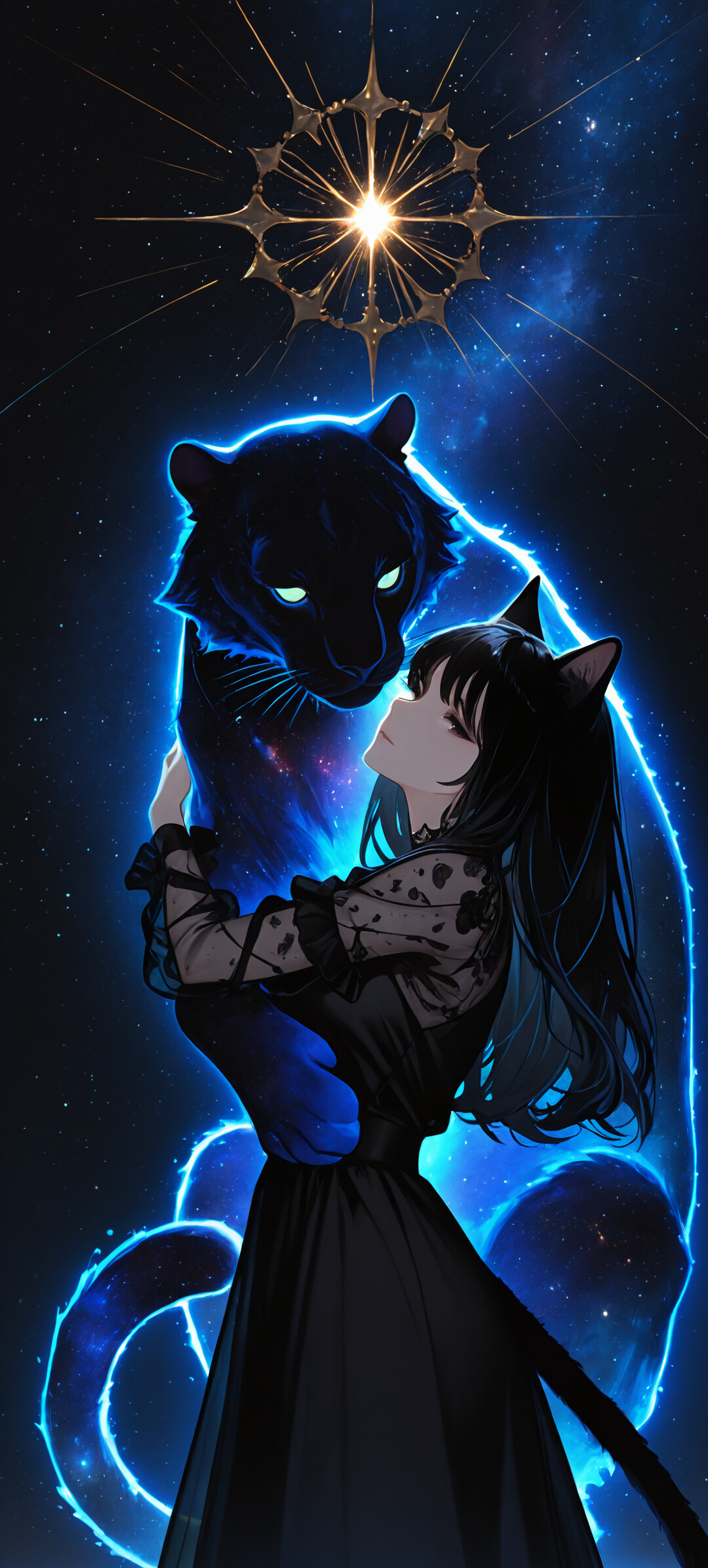 An anime-style cat girl with short black hair and a long black dress with sheer sleeves, hugging a large black panther. They are both glowing with a blue aura in front of a starry space background with a planet below and a golden celestial symbol above.