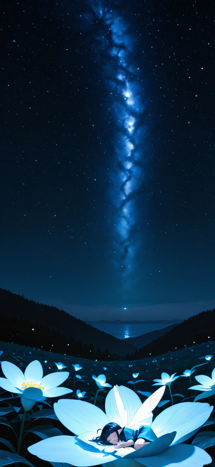 A small girl with dark hair sleeps soundly in the center of a giant, glowing blue flower under a vivid, starry night sky with a band of the Milky Way descending towards her.
