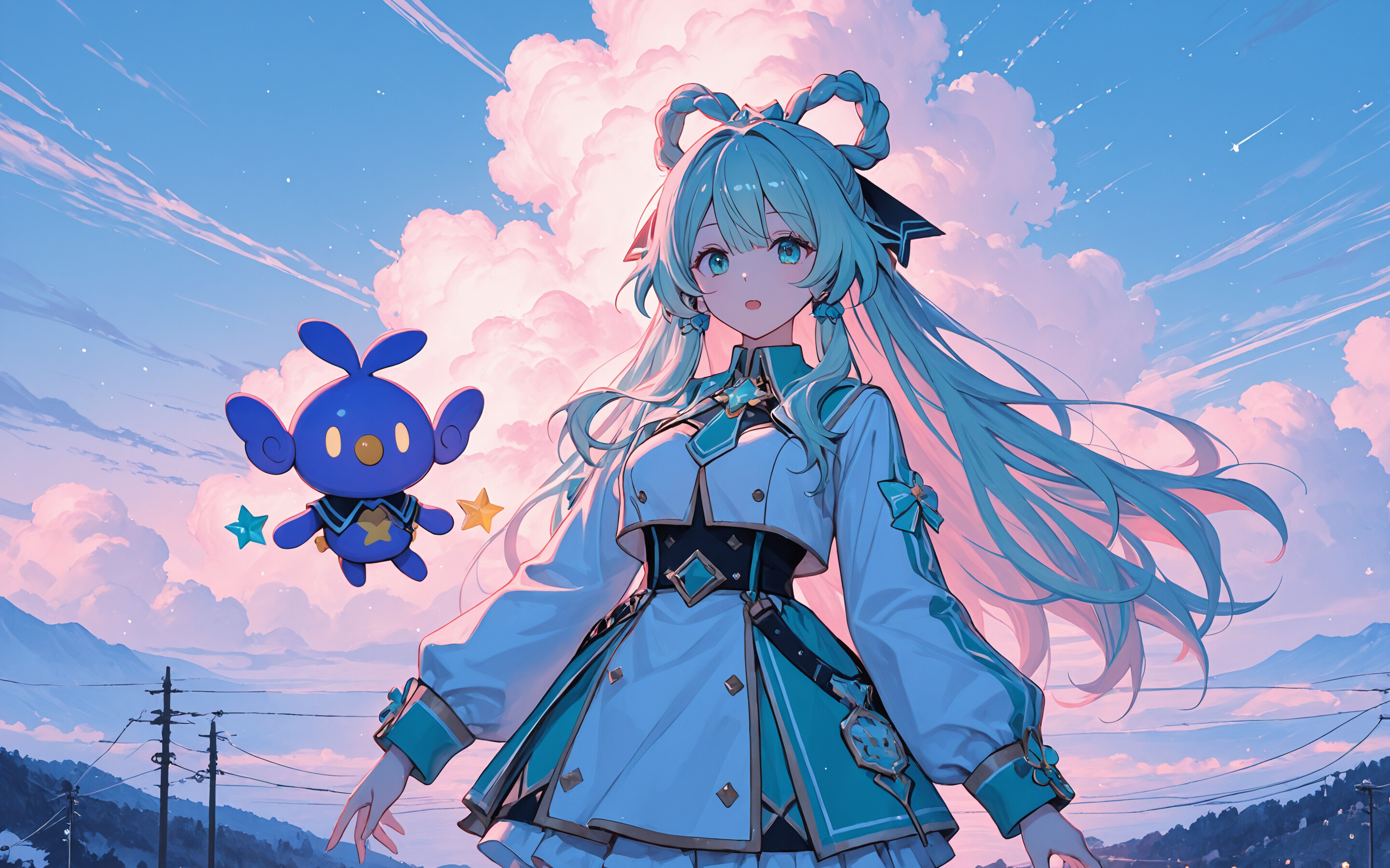 An anime girl with long light blue hair and twin buns stands in front of a giant glowing star and cosmic patterns. She wears a white and teal futuristic outfit and is flanked by two small, cute floating companions.