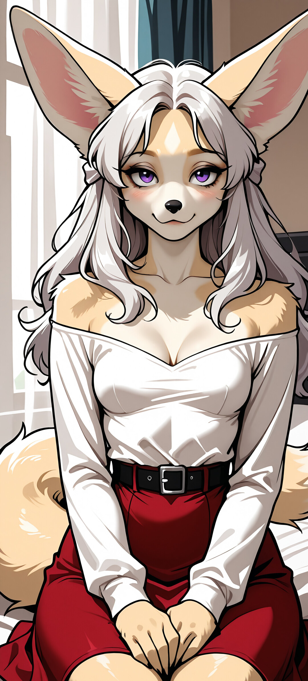 An anime-style illustration of a female fennec fox character with long silver hair and purple eyes, wearing a white off-the-shoulder top and a red skirt.