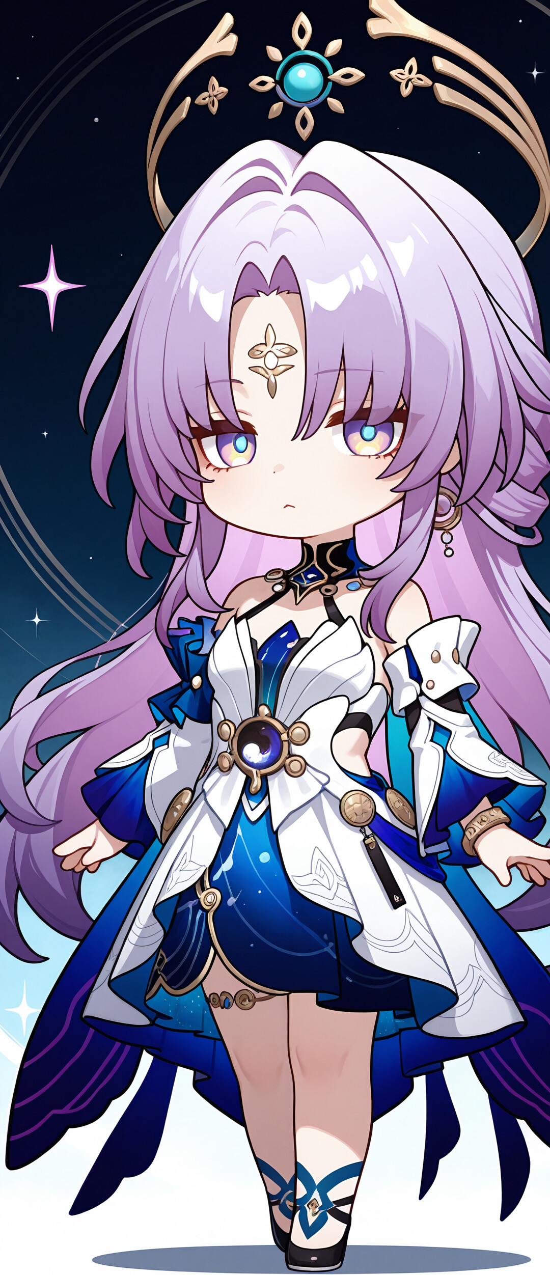 A cute chibi drawing of Fu Xuan from Honkai: Star Rail. She has long pink hair, a golden circlet, and a detailed white and blue dress, standing against a dark background with stars.