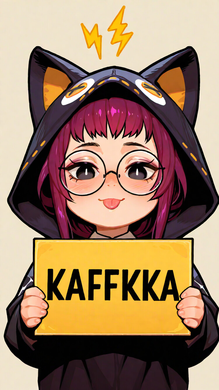 A chibi anime-style illustration of Kafka from Arknights. She has purple hair, round glasses, and is wearing a black cat-ear hoodie. She is sticking her tongue out playfully and holding a white sign with a yellow lightning bolt on it.