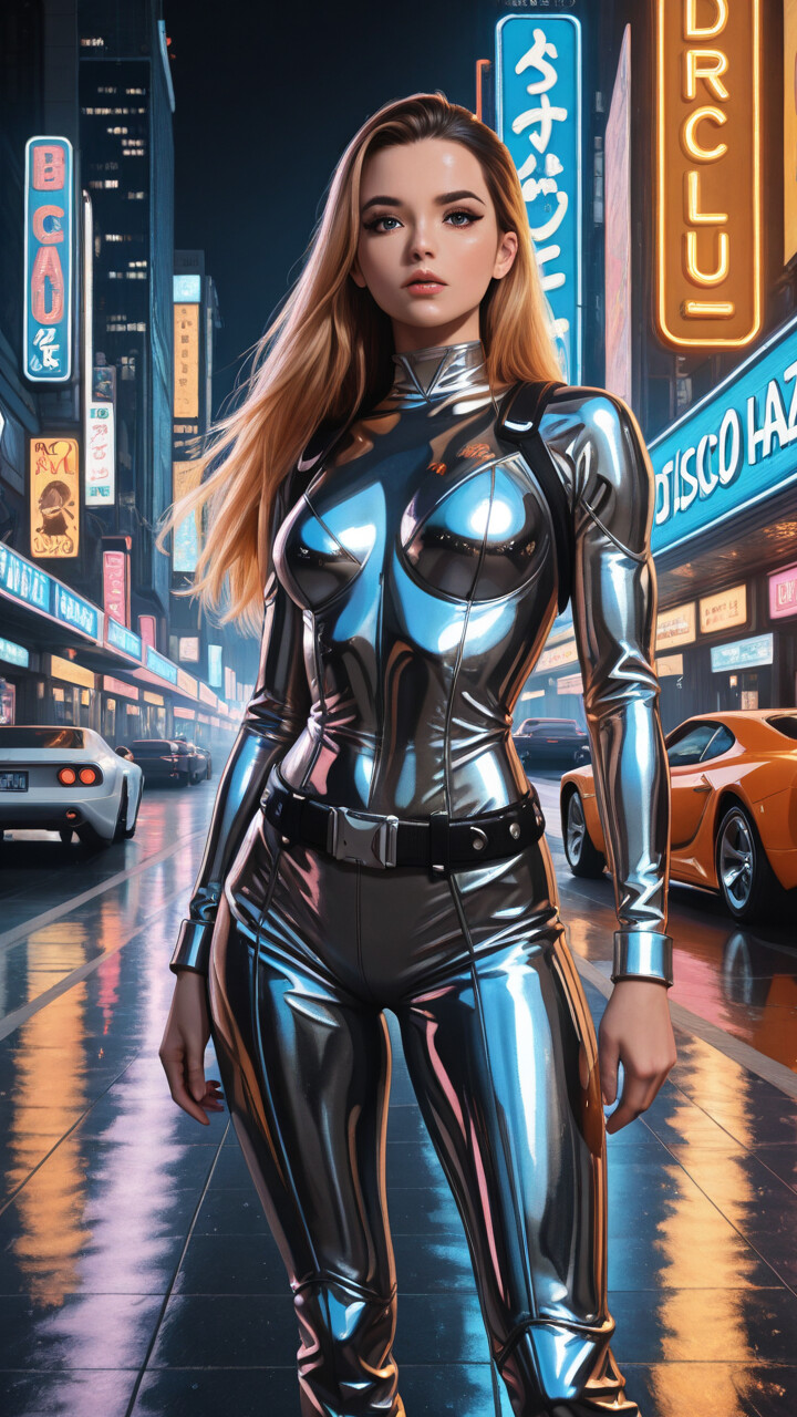 Full-length illustration of a woman in a futuristic black and chrome combat suit walking down a wet city street at night, flanked by two silver vintage cars and surrounded by glowing neon signs.