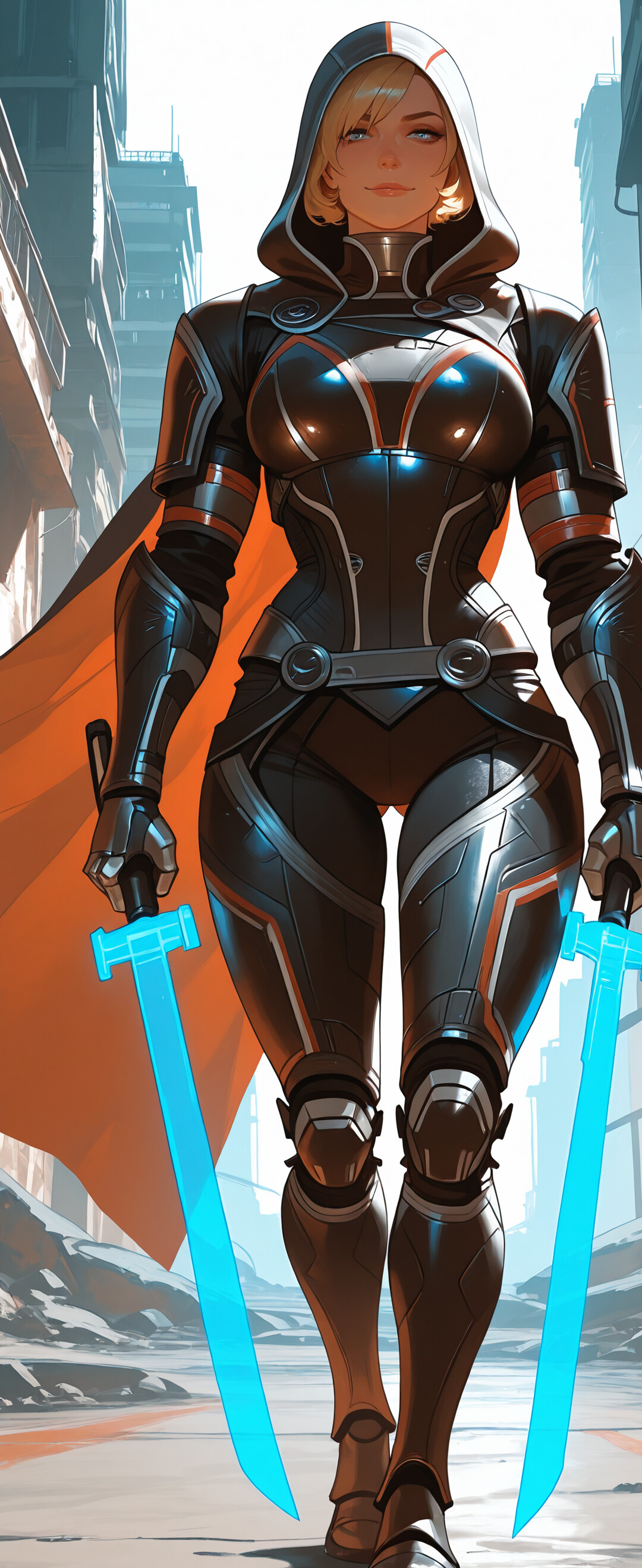A digital painting of a blonde woman, Commander Shepard, in black futuristic armor with a hooded cloak. She is in a low crouch with a confident smile, with a sci-fi city in the background at sunset.