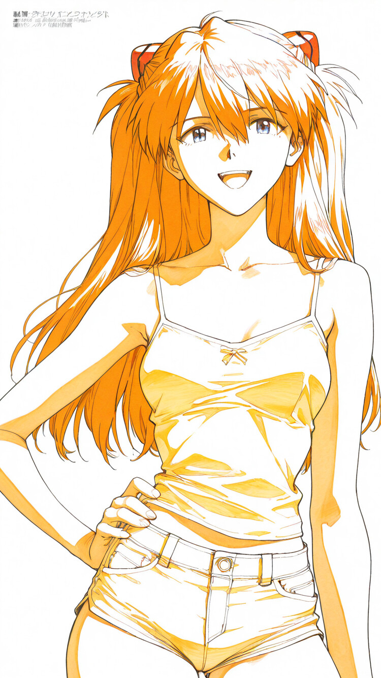 A line art illustration of Asuka Langley Soryu from Neon Genesis Evangelion smiling confidently with her hand on her hip. She has orange hair in pigtails and wears a white camisole and short shorts against a plain white background.